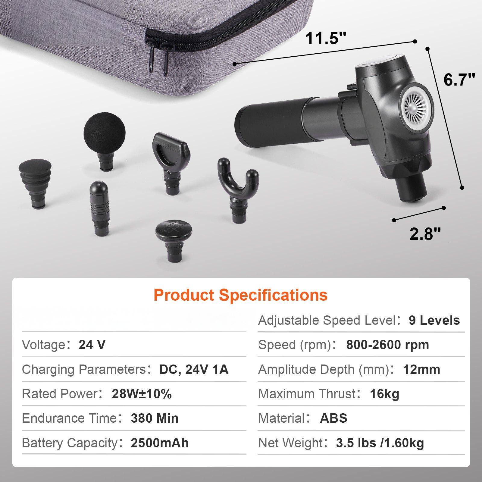 Sure, here is the corrected and grouped text:

---

**Dimensions:**
- Length: 11.5"
- Width: 6.7"
- Height: 2.8"

**Product Specifications:**

- **Adjustable Speed Level:** 9 Levels
- **Speed (rpm):** 800-2600 rpm
- **Amplitude Depth (mm):** 12mm
- **Maximum Thrust:** 16kg
- **Material:** ABS
- **Net Weight:** 3.5 lbs / 1.60kg

- **Voltage:** 24 V
- **Charging Parameters:** DC, 24V 1A
- **Rated Power:** 28W±10%
- **Endurance Time:** 380 Min
- **Battery Capacity:** 2500mAh

---