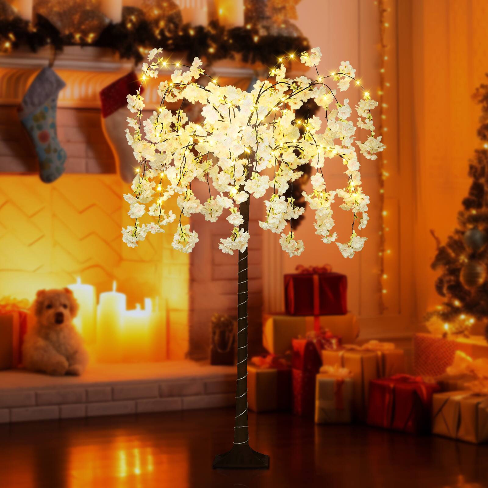 Alt View 3. Oumilen - 4FT Lighted Weeping Cherry Blossom Tree, Plug-in Waterproof Artificial Flower Tree Lamp for Home Wedding Party Decor - White.