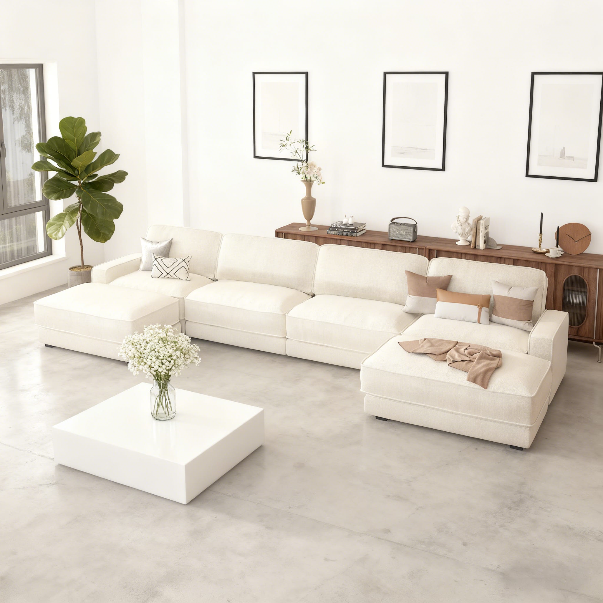 Vipbear - 158" Sectional Modular Sofa - Chenille Fabric,Deep Cushions,Ultra Soft Skin-Friendly Cloud-Like Comfort for Living Room - Beige