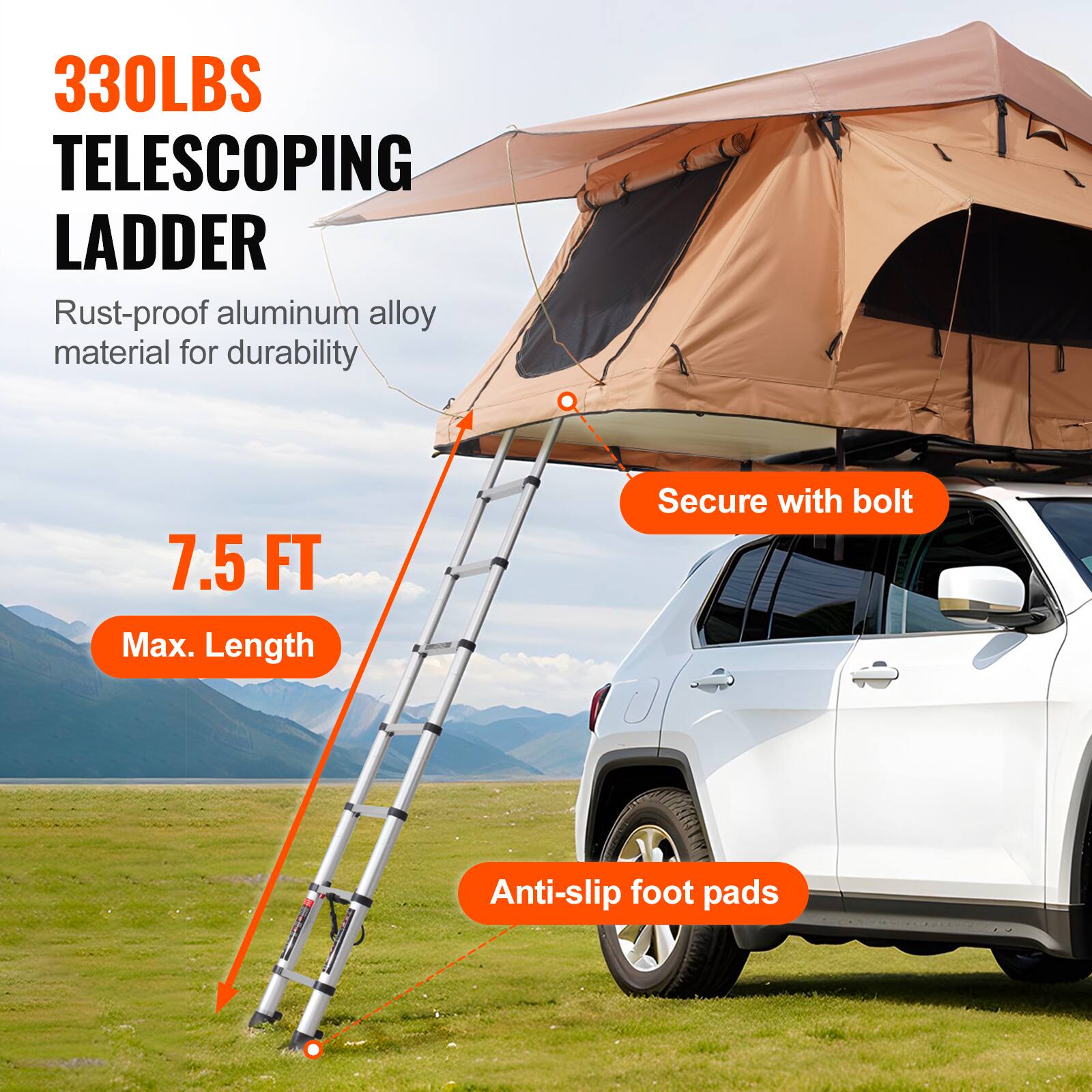 330LBS TELESCOPING LADDER
Rust-proof aluminum alloy material for durability
7.5 FT Max. Length
Secure with bolt
Anti-slip foot pads