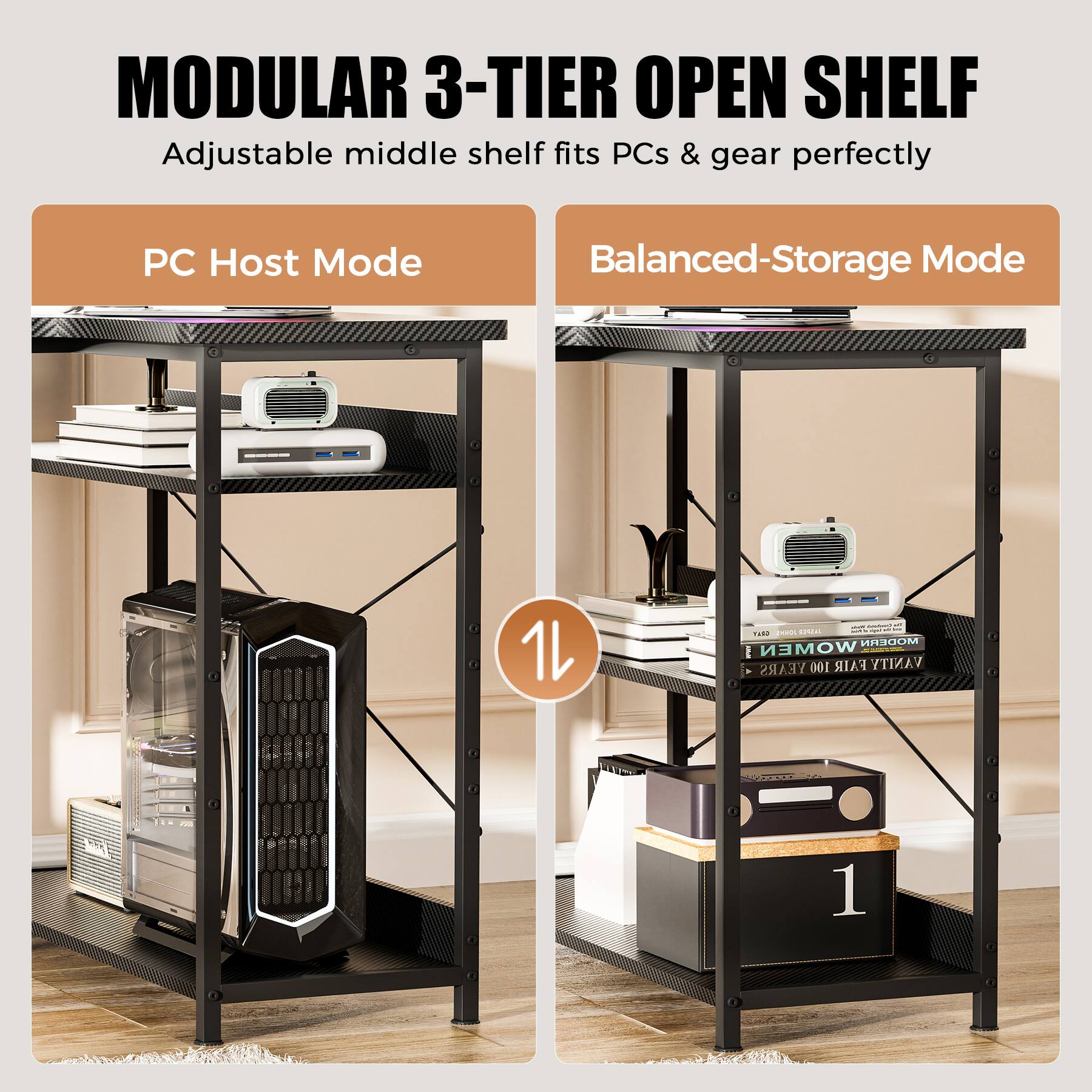 MODULAR 3-TIER OPEN SHELF
Adjustable middle shelf fits PCs & gear perfectly
PC Host Mode
Balanced-Storage Mode
1 :  - eRs ... : .M. MODERN E WOMEN - YEARS 160 FAIR VANITY 1