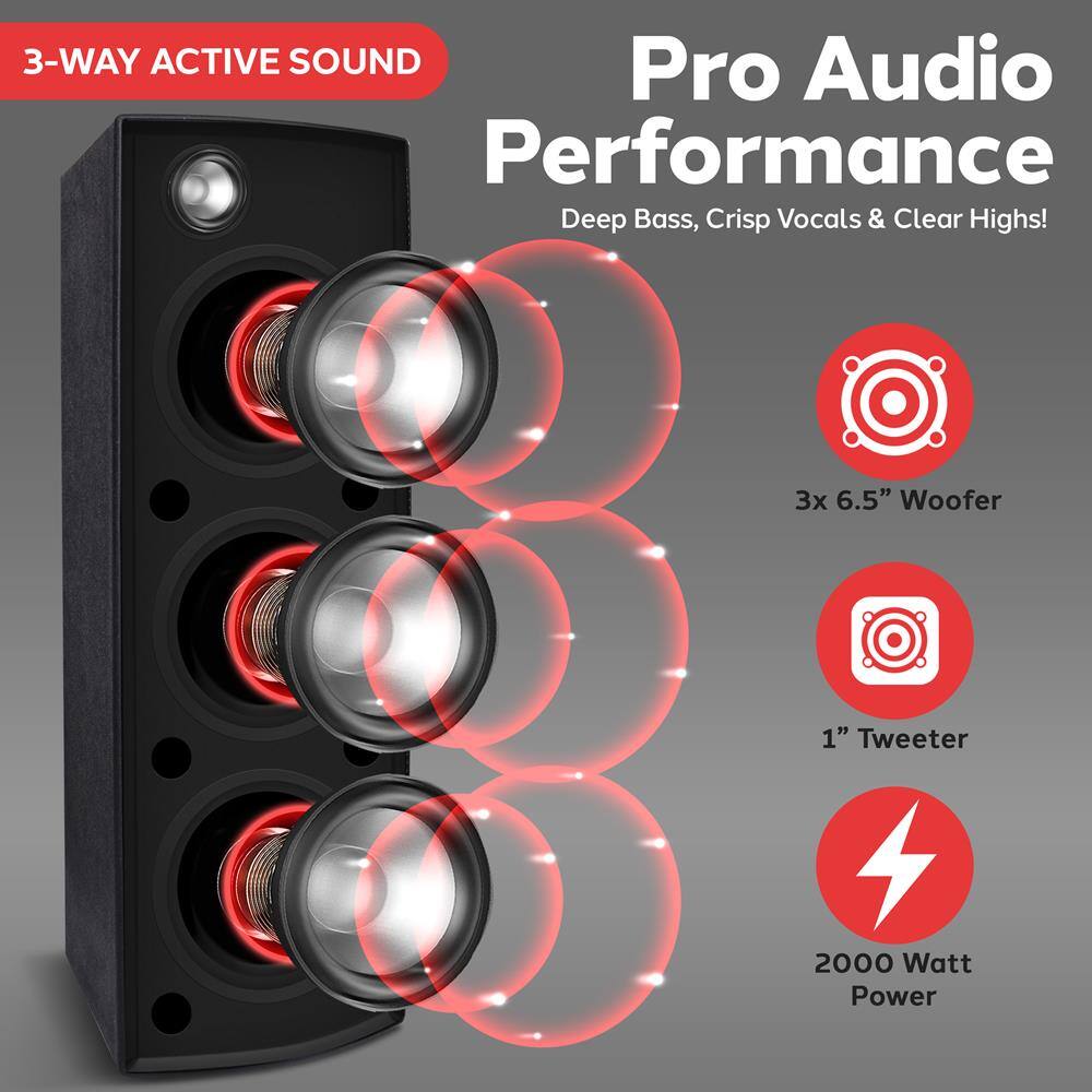 3-WAY ACTIVE SOUND

Pro Audio Performance  
Deep Bass, Crisp Vocals & Clear Highs!

3x 6.5" Woofer  
1" Tweeter  
2000 Watt Power