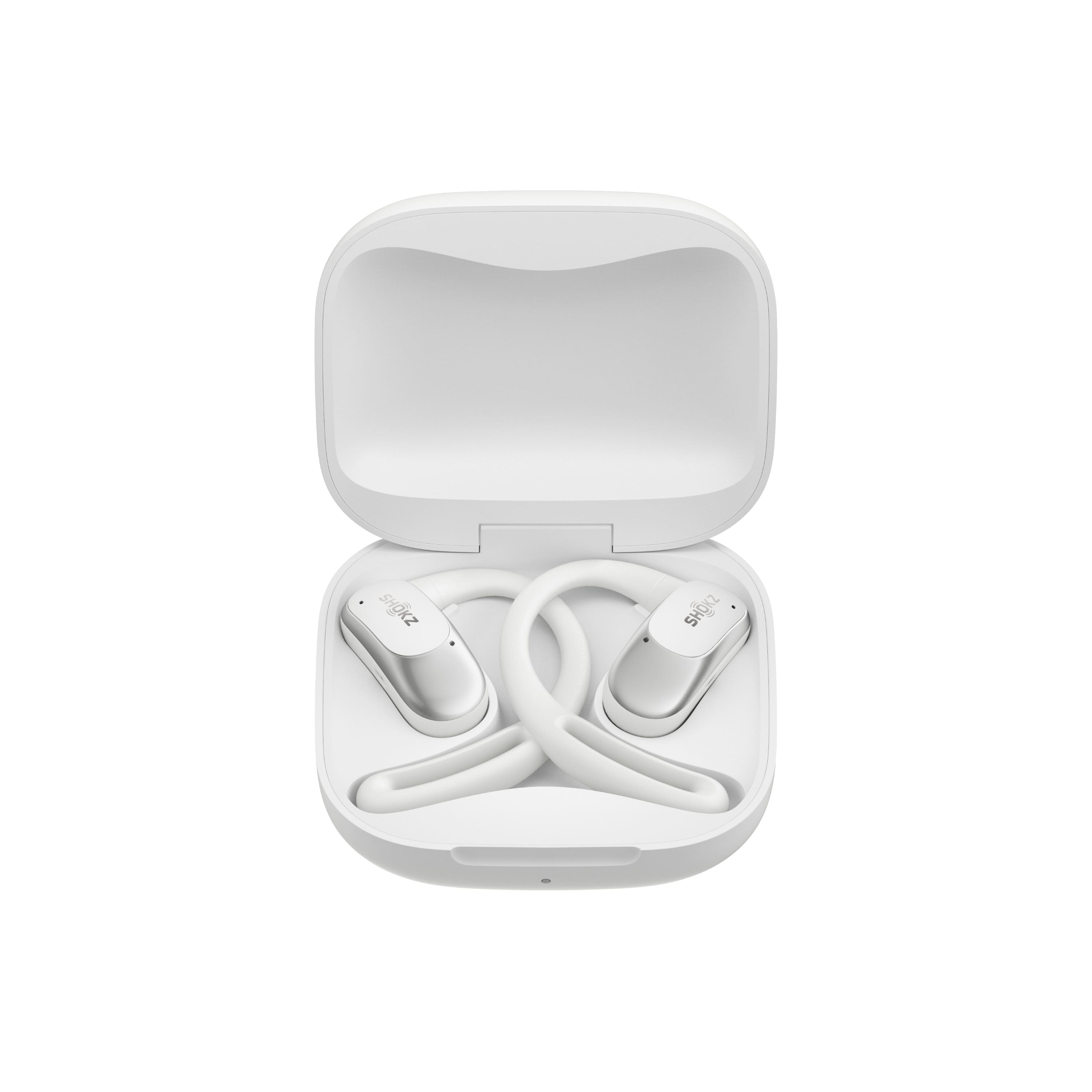 The image features a white box containing a pair of white earbuds. The earbuds are placed inside the box, which is open to reveal the earbuds. The box is designed to hold the earbuds securely and protect them from damage. The earbuds are likely intended for use with a smartphone or other audio device.