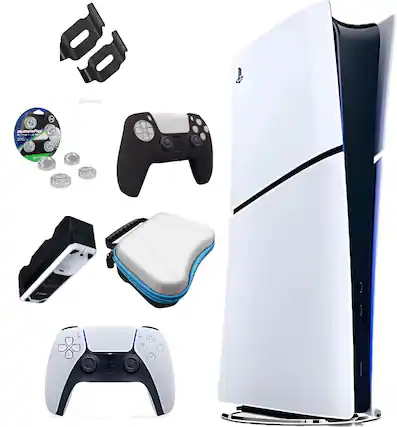 Front. Sony - Sony PlayStation 5 PS5 Slim Digital Fortnite Bundle + Deluxe Accessory Kit - White.
