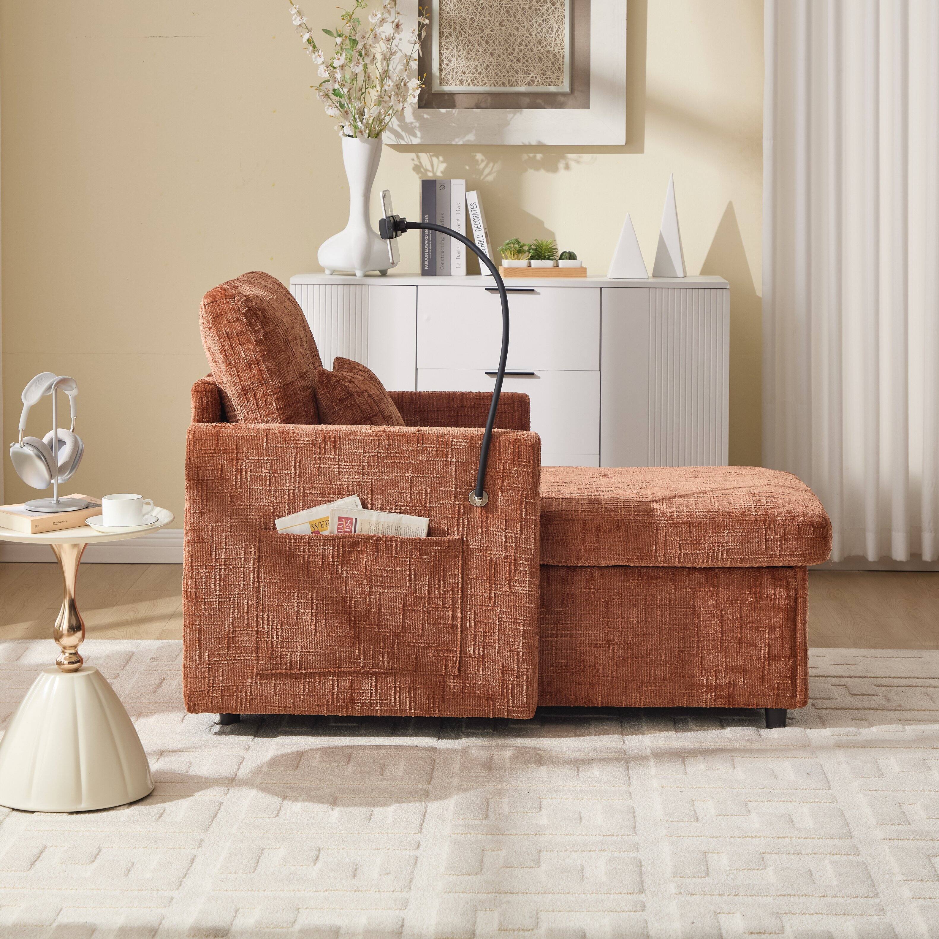 Alt View 7. Trinkets Crazed - Lazy Person Sofa Couch, Multifunctional Chenille Single Leisure Chair with Storage Backrest, Cell Phone Bracket - Orange.