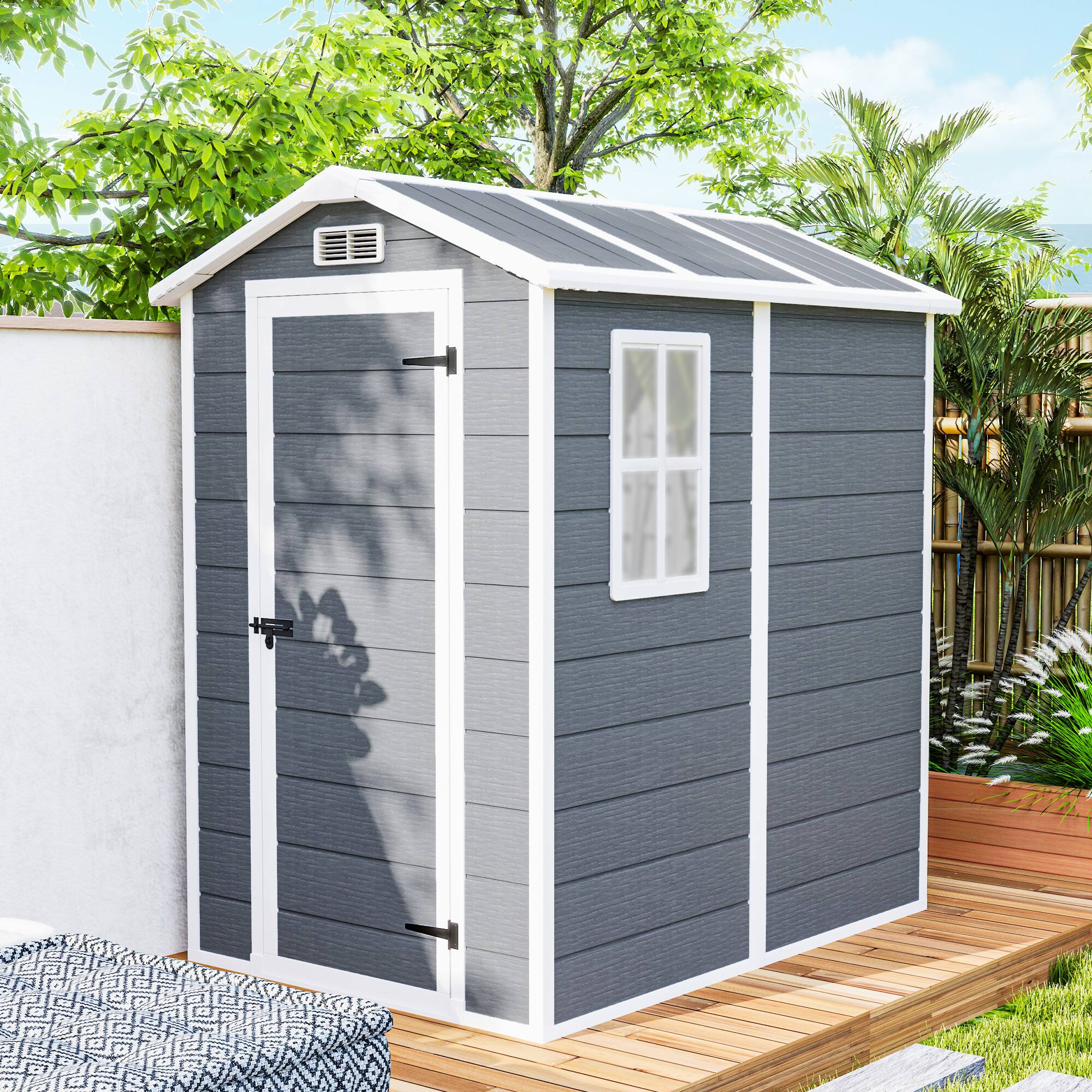 Alt View 8. Outsunny - x 4' Outdoor Storage Shed, Plastic Shed with Floor, Window - Gray.