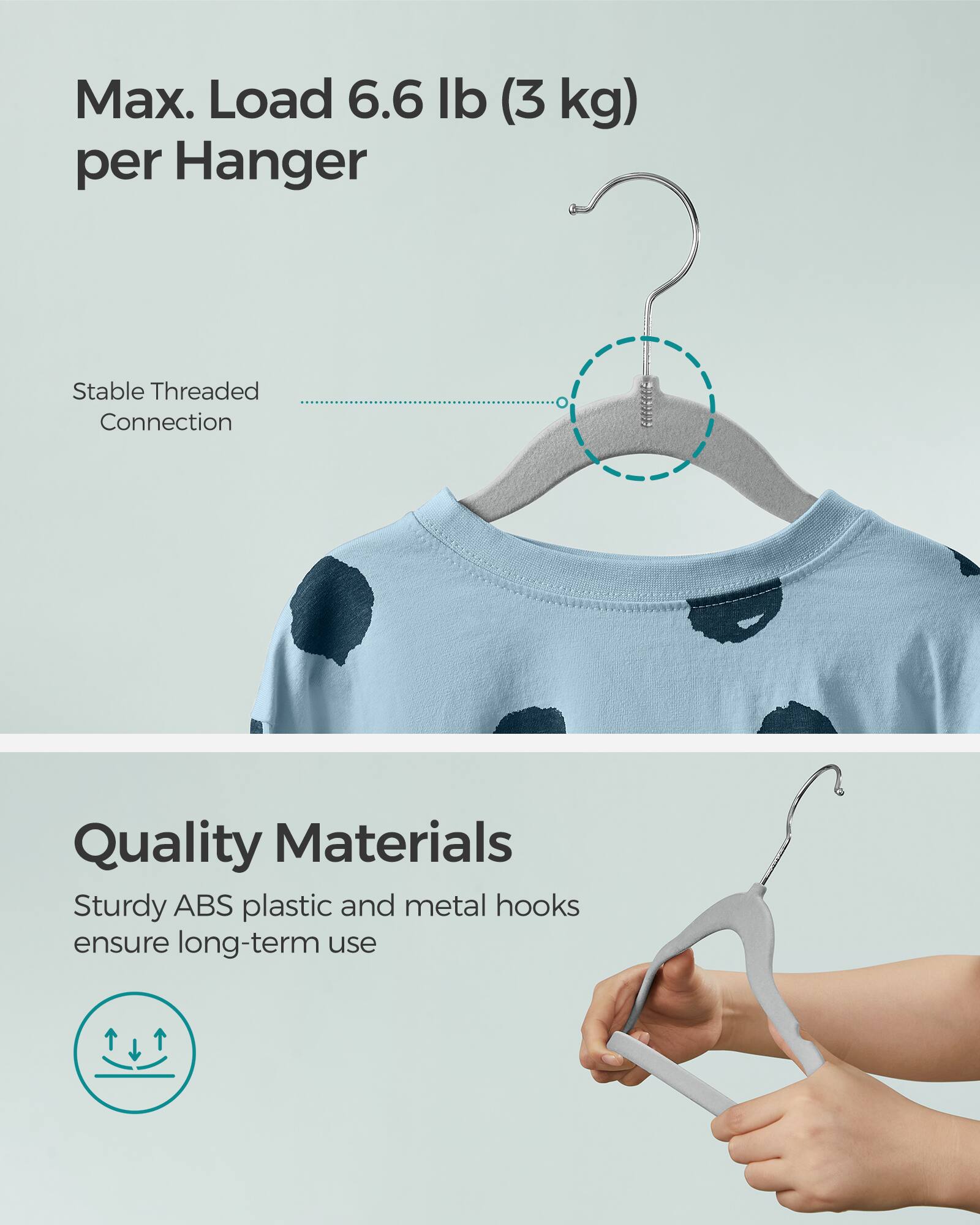 Max. Load 6.6 lb (3 kg) per Hanger

Stable Threaded Connection

Quality Materials
Sturdy ABS plastic and metal hooks ensure long-term use