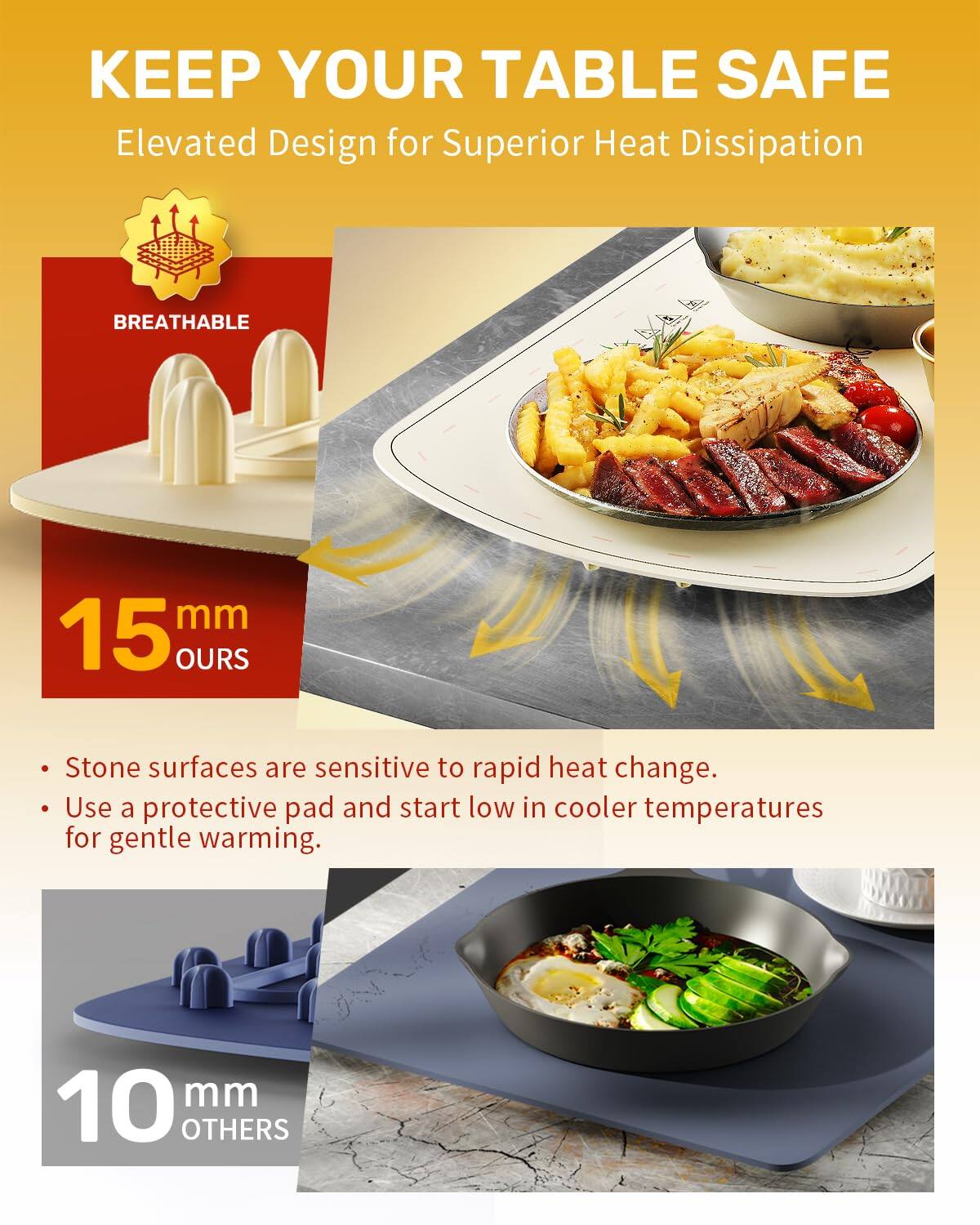 **KEEP YOUR TABLE SAFE**  
Elevated Design for Superior Heat Dissipation  

**BREATHABLE**  

**15 mm OURS**  
- Stone surfaces are sensitive to rapid heat change.  
- Use a protective pad and start low in cooler temperatures for gentle warming.  

**10 mm OTHERS**
