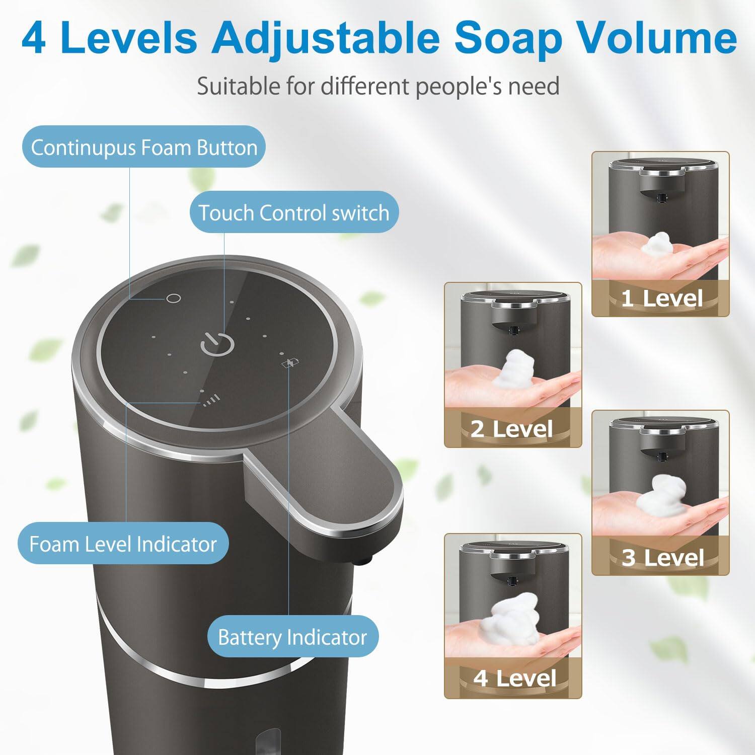 4 Levels Adjustable Soap Volume  
Suitable for different people's need  

- Continuus Foam Button  
- Touch Control switch  
- Foam Level Indicator  
- Battery Indicator  

1 Level  
2 Level  
3 Level  
4 Level