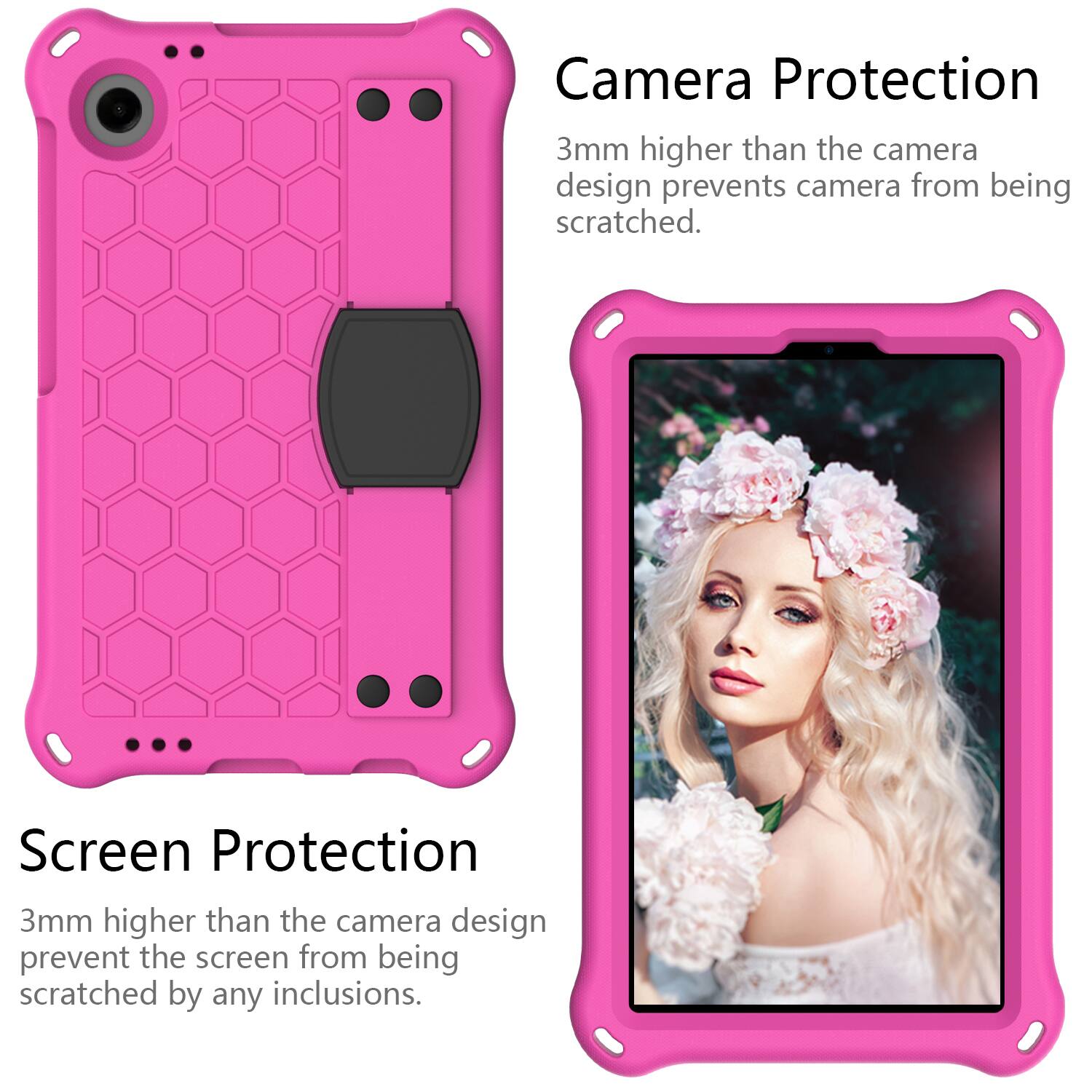 Camera Protection  
3mm higher than the camera design prevents camera from being scratched.  

Screen Protection  
3mm higher than the camera design prevent the screen from being scratched by any inclusions.