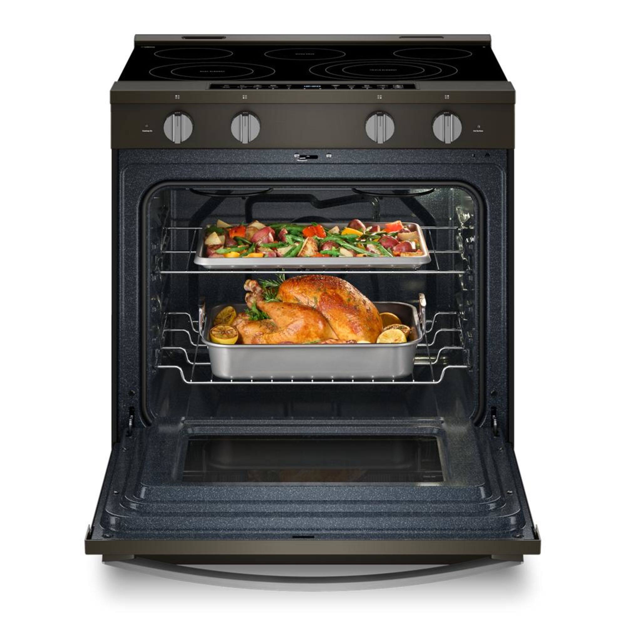 Left. Whirlpool - 5.3 Cu. Ft. Slide-In Electric True Convection Range with Air Cooking Technology and WipeClean Coating - Black stainless steel.