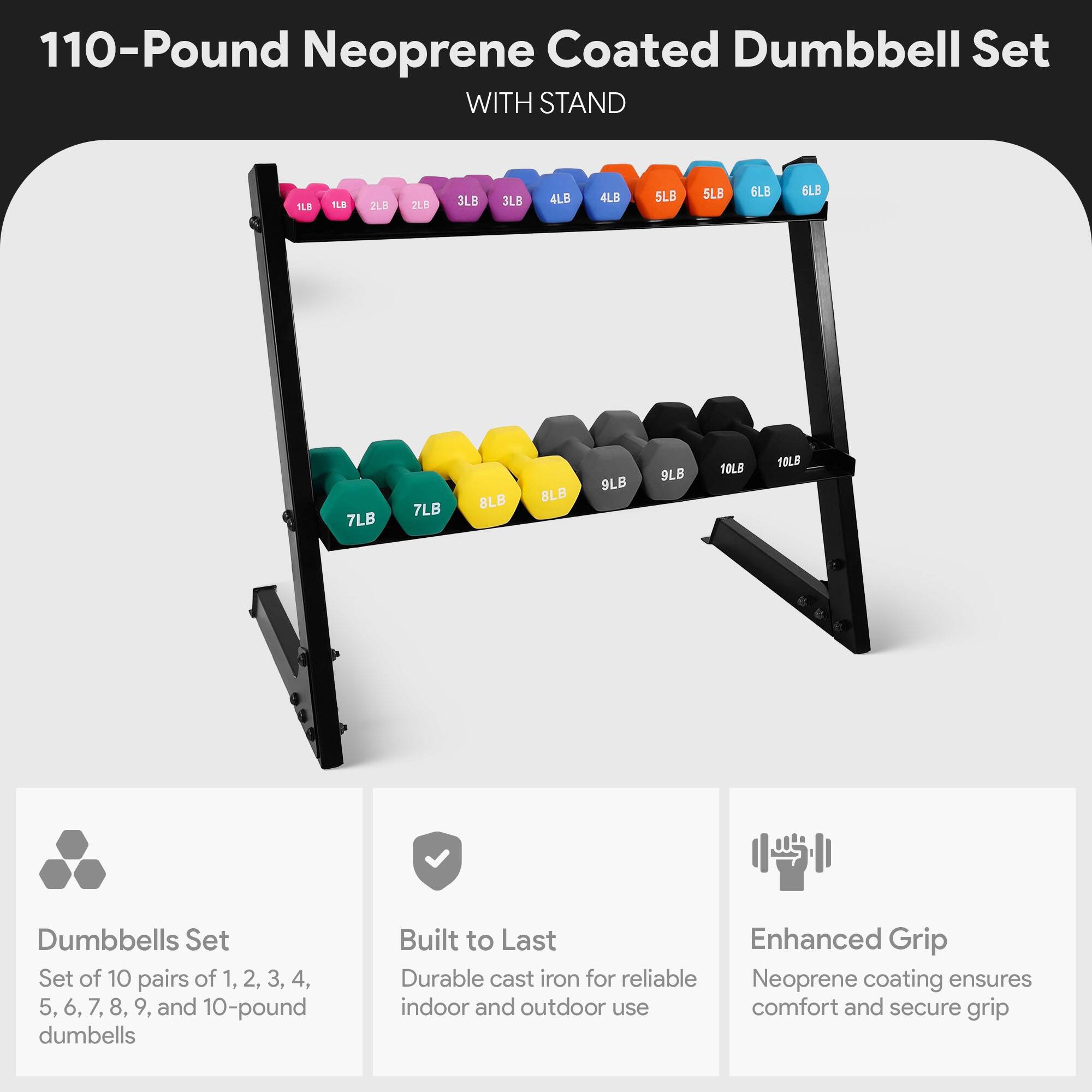110-Pound Neoprene Coated Dumbbell Set WITH STAND

1LB 1LB 2LB 2LB 3LB 3LB 4LB 4LB 5LB 5LB 6LB 6LB 7LB 7LB 8LB 8LB 9LB 9LB 10LB 10LB

Dumbbells Set Set of 10 pairs of 1, 2, 3, 4, 5, 6, 7, 8, 9, and 10-pound dumbbells

Built to Last Enhanced Grip Durable cast iron for reliable Neoprene coating ensures indoor and outdoor use comfort and secure grip