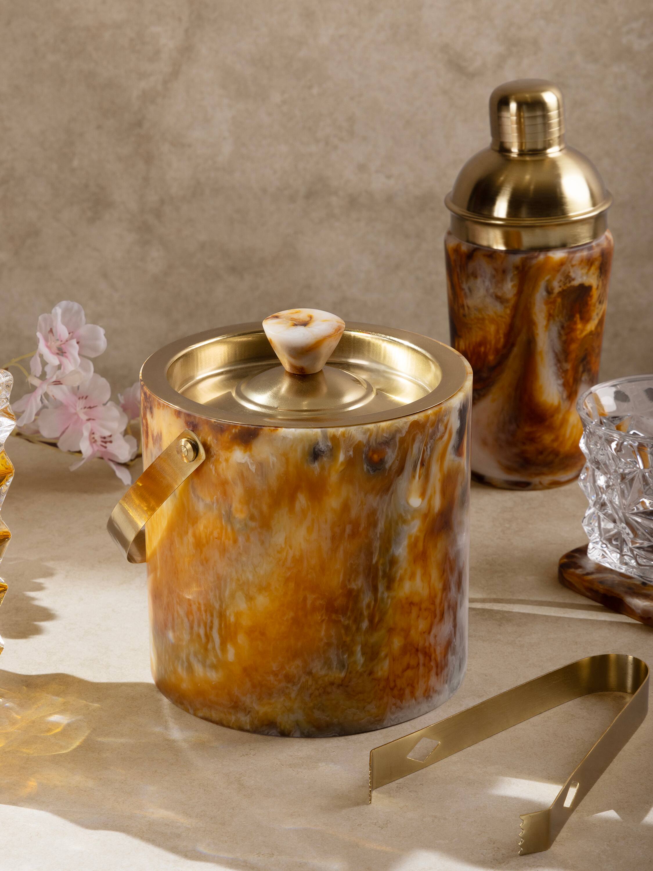 Angle. GAURI KOHLI - Kampai Ice Bucket - Shades of brown, with matte gold.