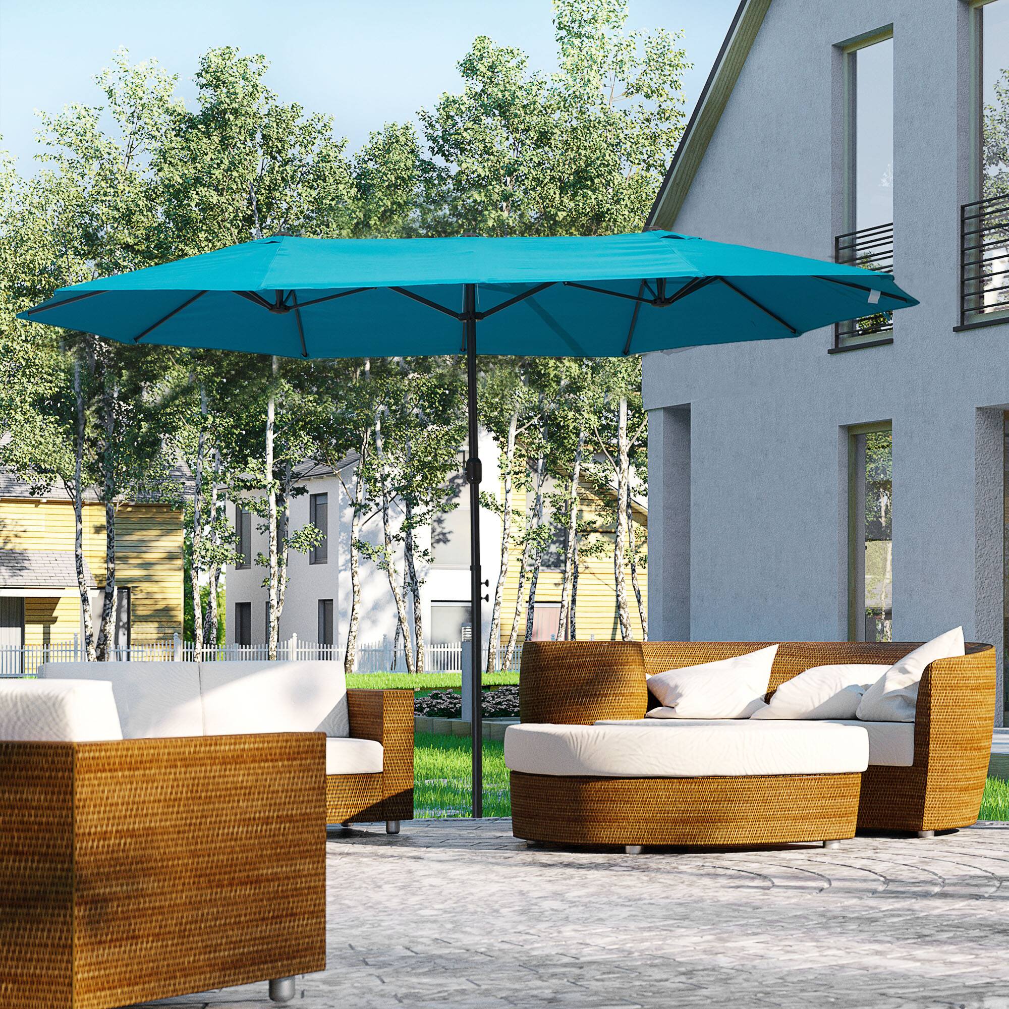 Alt View 1. Outsunny - Patio Umbrella 15ft Double-Sided Outdoor Market Extra Large Umbrella with Crank Handle for Deck, Lawn - Light Blue.
