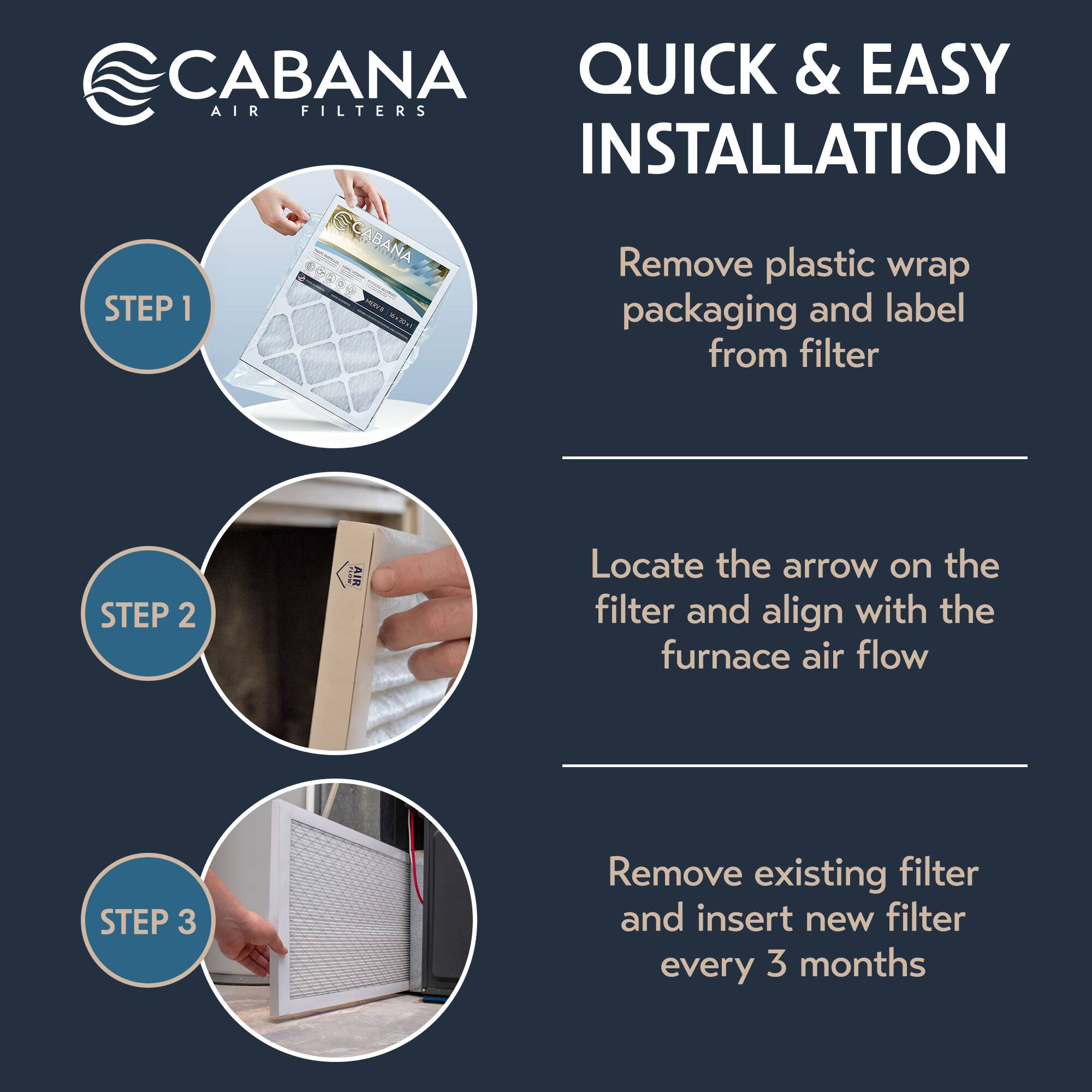 CABANA AIR FILTERS

QUICK & EASY INSTALLATION

STEP 1
Remove plastic wrap packaging and label from filter

STEP 2
Locate the arrow on the filter and align with the furnace air flow

STEP 3
Remove existing filter and insert new filter every 3 months