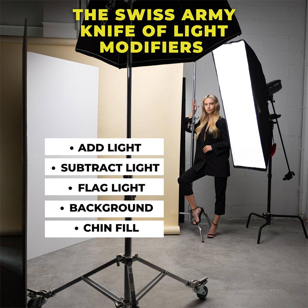 THE SWISS ARMY KNIFE OF LIGHT MODIFIERS

- ADD LIGHT
- SUBTRACT LIGHT
- FLAG LIGHT
- BACKGROUND
- CHIN FILL