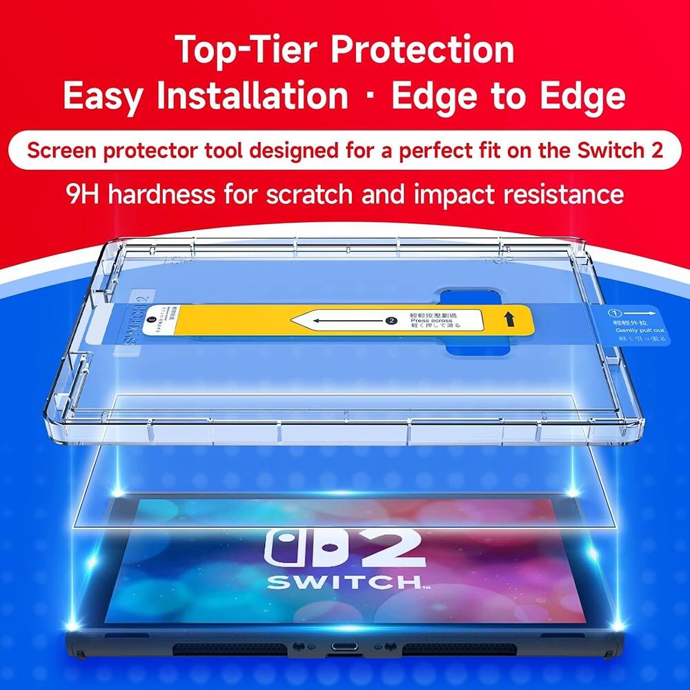 Top-Tier Protection  
Easy Installation • Edge to Edge  

Screen protector tool designed for a perfect fit on the Switch 2  

9H hardness for scratch and impact resistance  

SWITCH