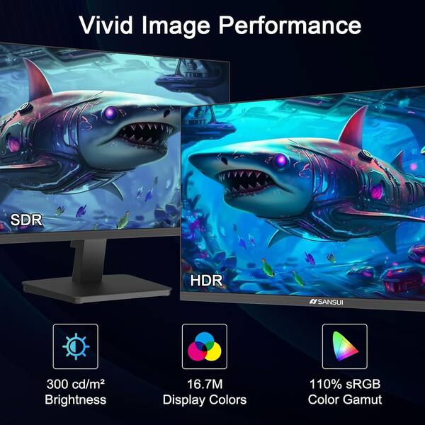 Vivid Image Performance  
SDR HDR  
SANSUI  
300 cd/m² Brightness  
16.7M Display Colors  
110% sRGB Color Gamut