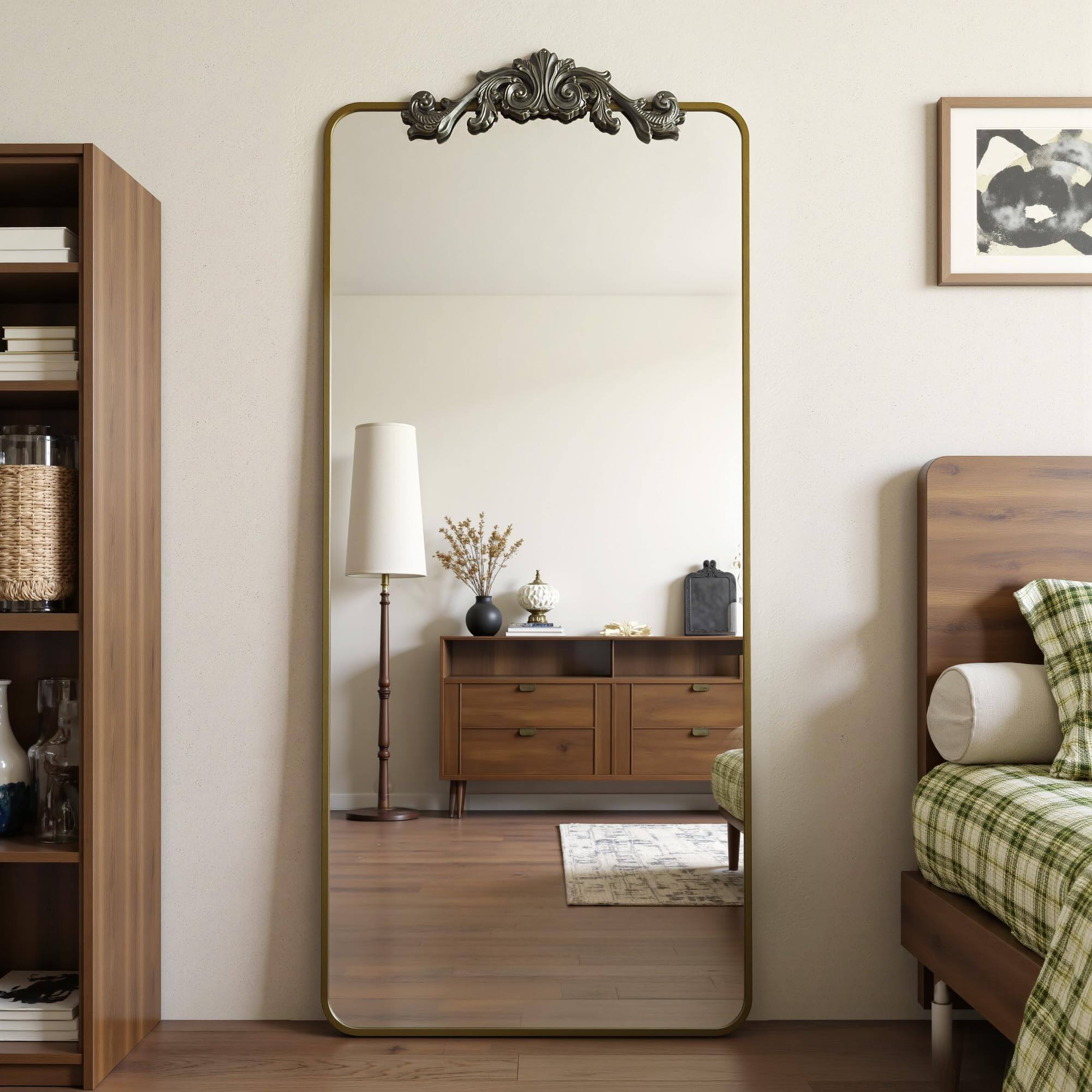 Left. Comfort Essence - Full Length Mirror 58"x18" Floor Freestanding With Carved Metal Frame Body Mirrors For Living Room Standi... - Black-71"Lx28"W-Retro Style.