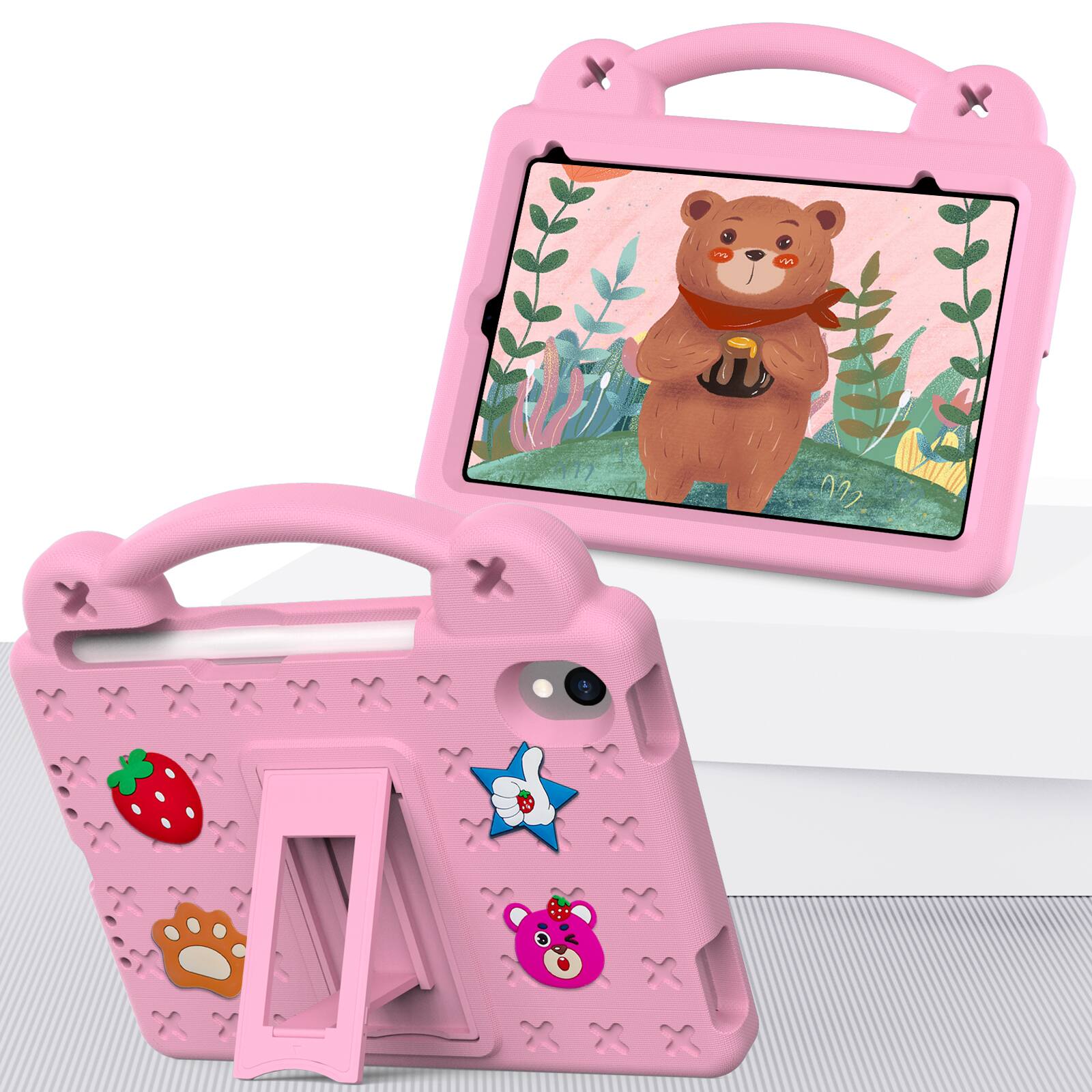 Angle. Dteck - For Apple iPad mini (A17 Pro) 2024/iPad mini 6th Cute Cartoon Kid Case Built-in Kickstand Handle Grip Shockproof Cover - Pink.