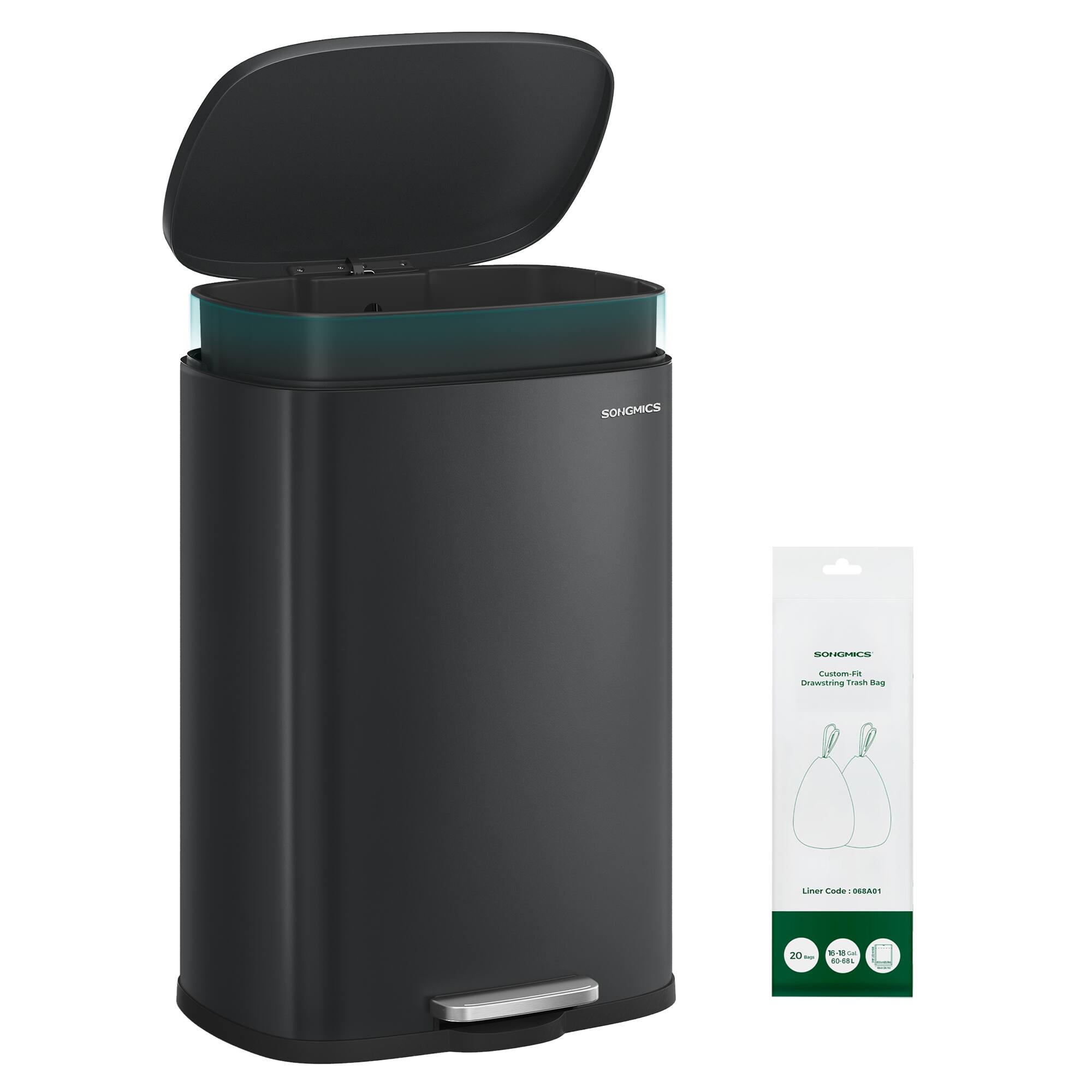 Songmics Home - 20-Gallon (75 L) Trash Can, Stainless Steel Kitchen Garbage Can, Recycling or Waste Bin, Soft Close, Step-On Pedal - Black