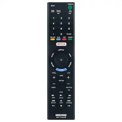 INPUT POWER SYNC DIGITAL/ MENU ANALOG ANT SAIR SALIR EXIT 1 2 3 4 5 6 7 8 9 0 YELLOW BLUE PIC OFF RED GREEN NETFLIX DISPLAY SLEEP RETURN HOME VOL JUMP + MUTING WIDE OPTIONS CH + - - AUDIO PLAY SUBTITLE CC PREV PAUSE NEXT REPLAY STOP ADVANCE TV RMT-TX102U