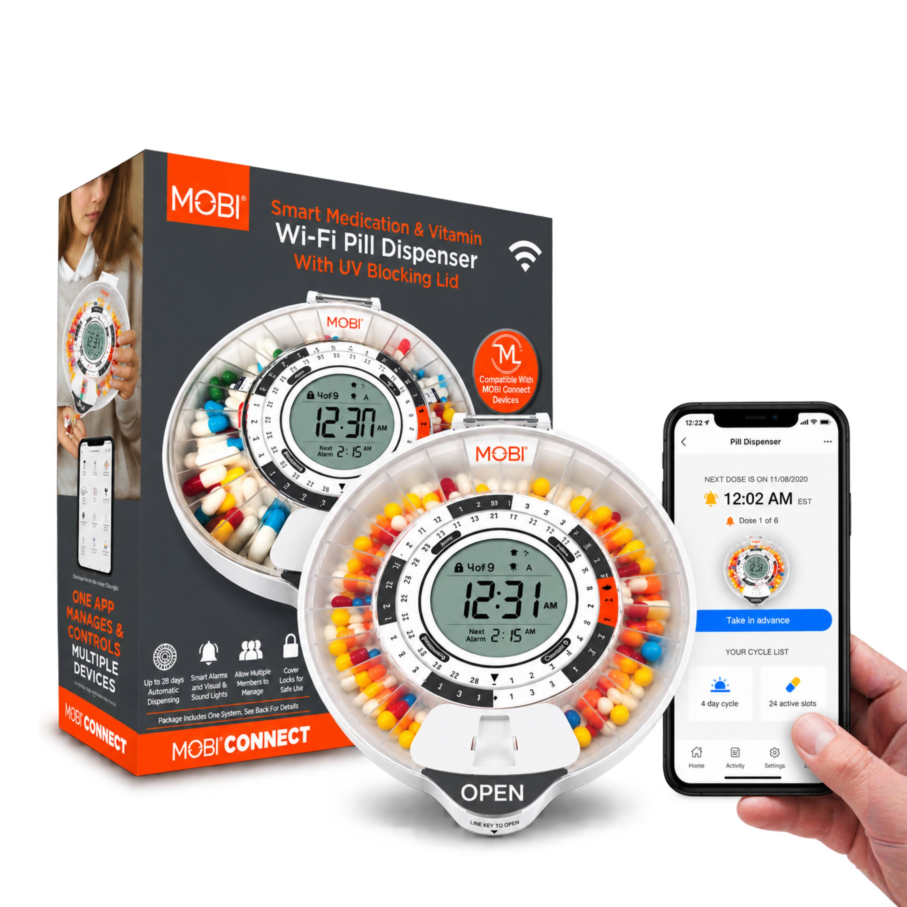 MOBI Smart Medication Wi-Fi & Vitamin Pill Dispenser With UV Blocking Lid

Compatible With MOBI Connect Devices

ONE APP MANAGES & CONTROLS MULTIPLE DEVICES

- Up to 29 days Smart Alarms and Visual Sound Lights
- Allow Multiple Members to Manage Dispensing Details
- Safe Use Cover System
- Includes One System, See Back For Details

MOBI CONNECT

NEXT DOSE ON 11/08/2020 12:02 AM EST
Dose: 1 of 6
Take in advance

YOUR CYCLE LIST
4 day cycle
24 active slots
