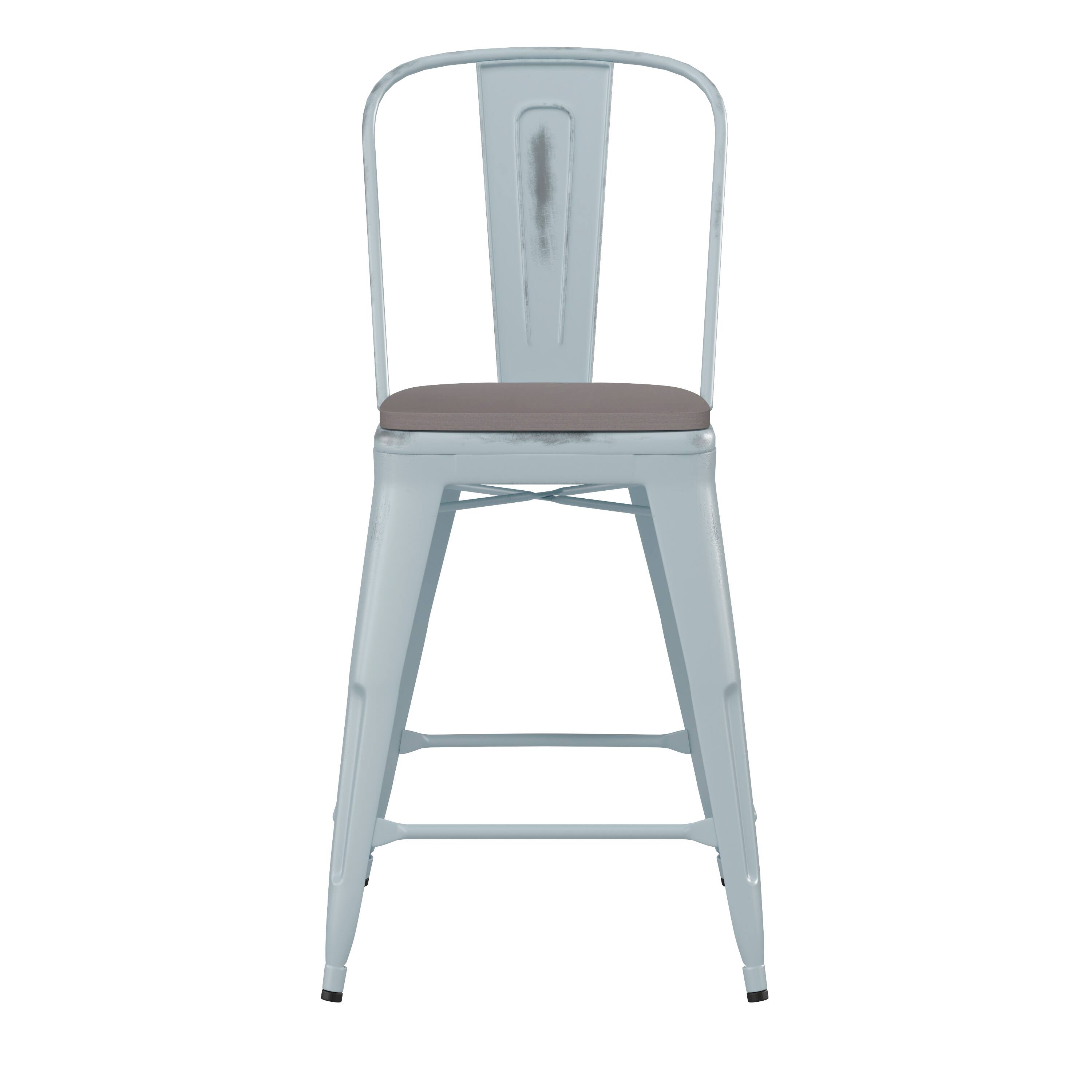 Alt View 10. Emma + Oliver - Nova Distressed Metal Stools with Backs and Polystyrene Seats for Indoor/Outdoor Use - Gray Seat/Green-Blue Frame.