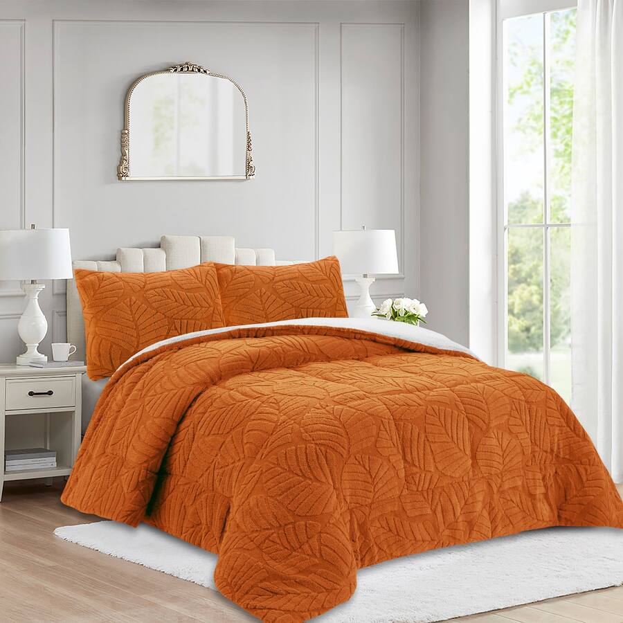 MarCielo 3 PCS Leaf Pattern Jacquard Soft Plush Comforter Set Golden ...