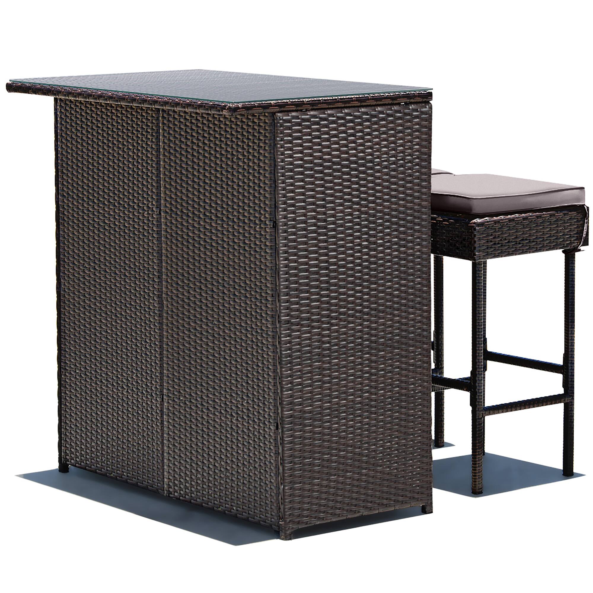 Back. Costway - Patio 3PCS Rattan Bar Table Stool Set Cushioned Chairs with Cover - brown/gray/off white.