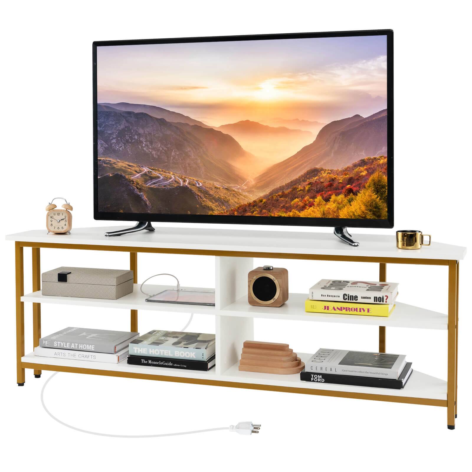 Costway - Corner TV Stand for TVs up to 65" TV Console Table with AC Outlets&USB A Ports - White