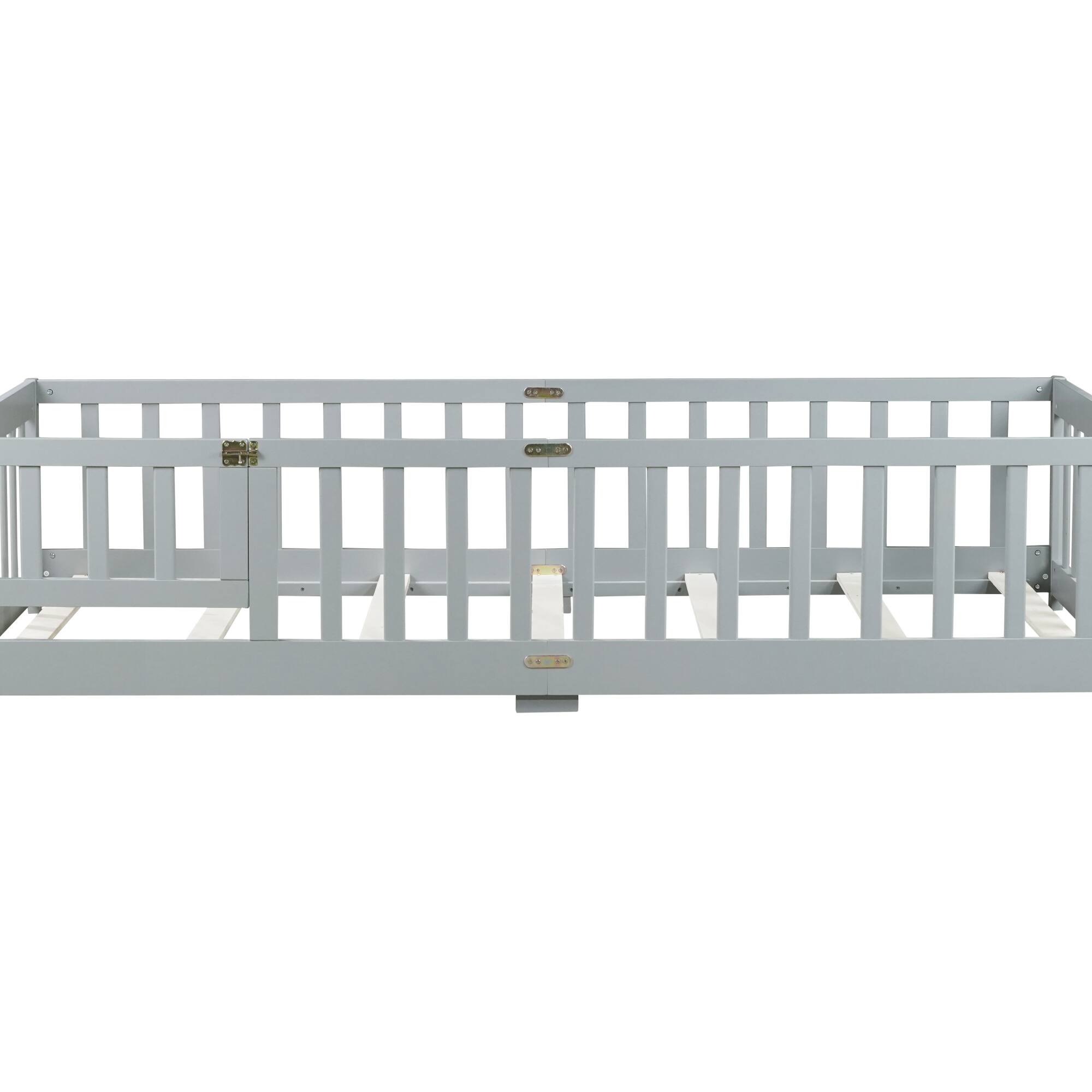 Back. GOODSILO - Twin Size Floor Bed with Safety Fence and Door for Kids, Sturdy Rubber Wood Construction - Grey.