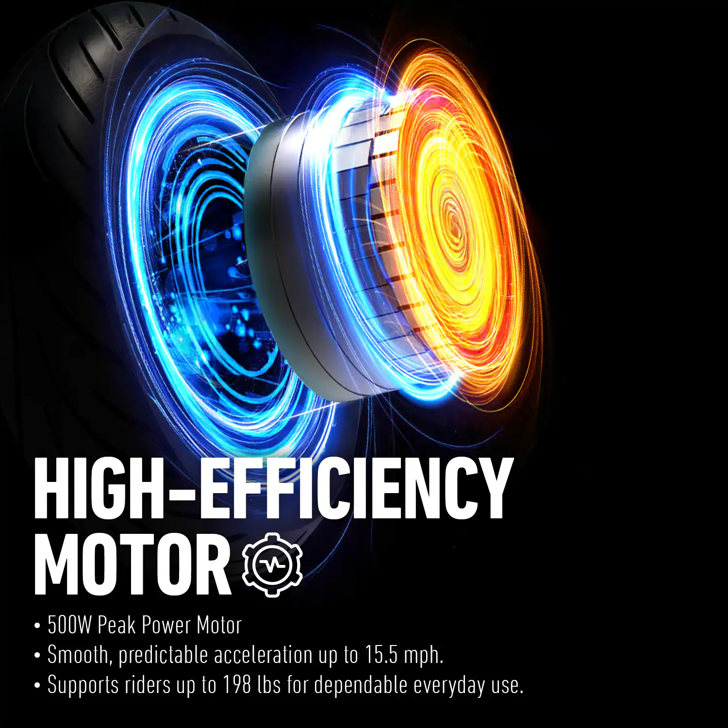 HIGH-EFFICIENCY MOTOR

- 500W Peak Power Motor
- Smooth, predictable acceleration up to 15.5 mph.
- Supports riders up to 198 lbs for dependable everyday use.