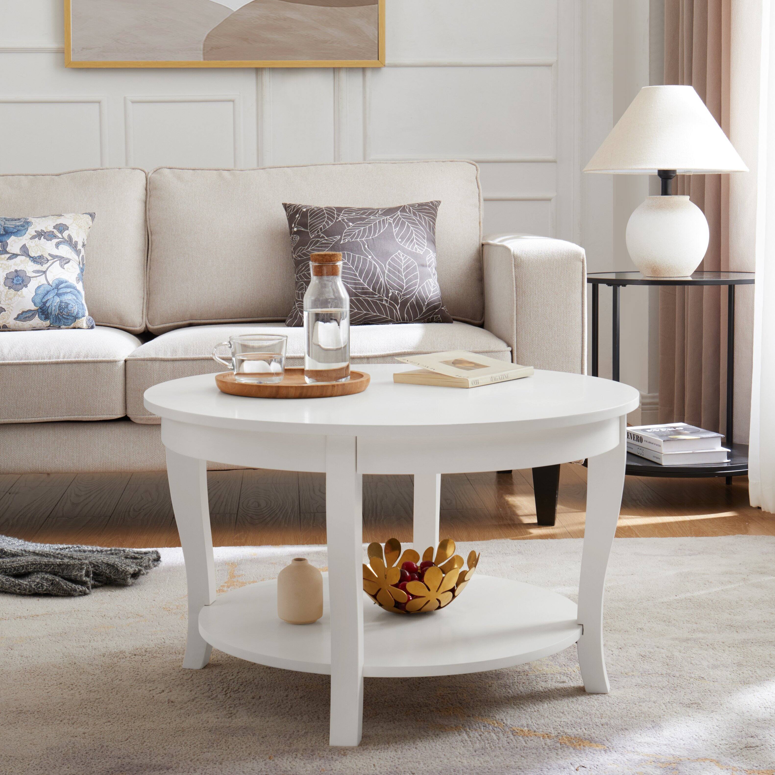 Lirago - Round Coffee Table with Storage 4 Leg Wood End Table for Small Spaces 18"H x30"D x30"W - White