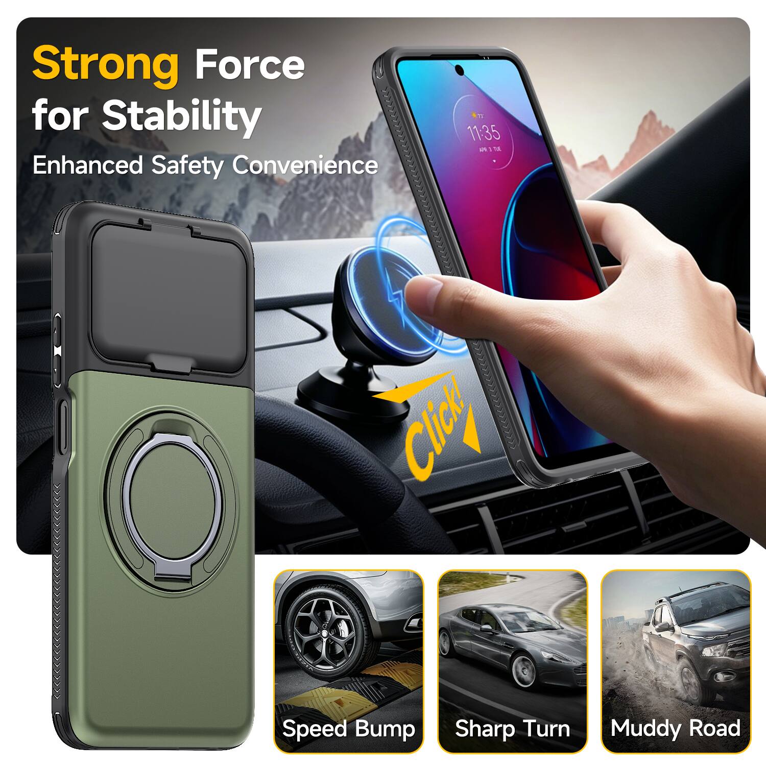 Strong Force for Stability  
Enhanced Safety Convenience  

IT 11:35 A TUE  

Speed Bump  
Sharp Turn  
Muddy Road