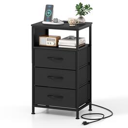 Costway - 1 PCS 27.5" Nightstand with Charging Station, 3 Fabric Drawers, Open Shelf & Side Pocket - Black