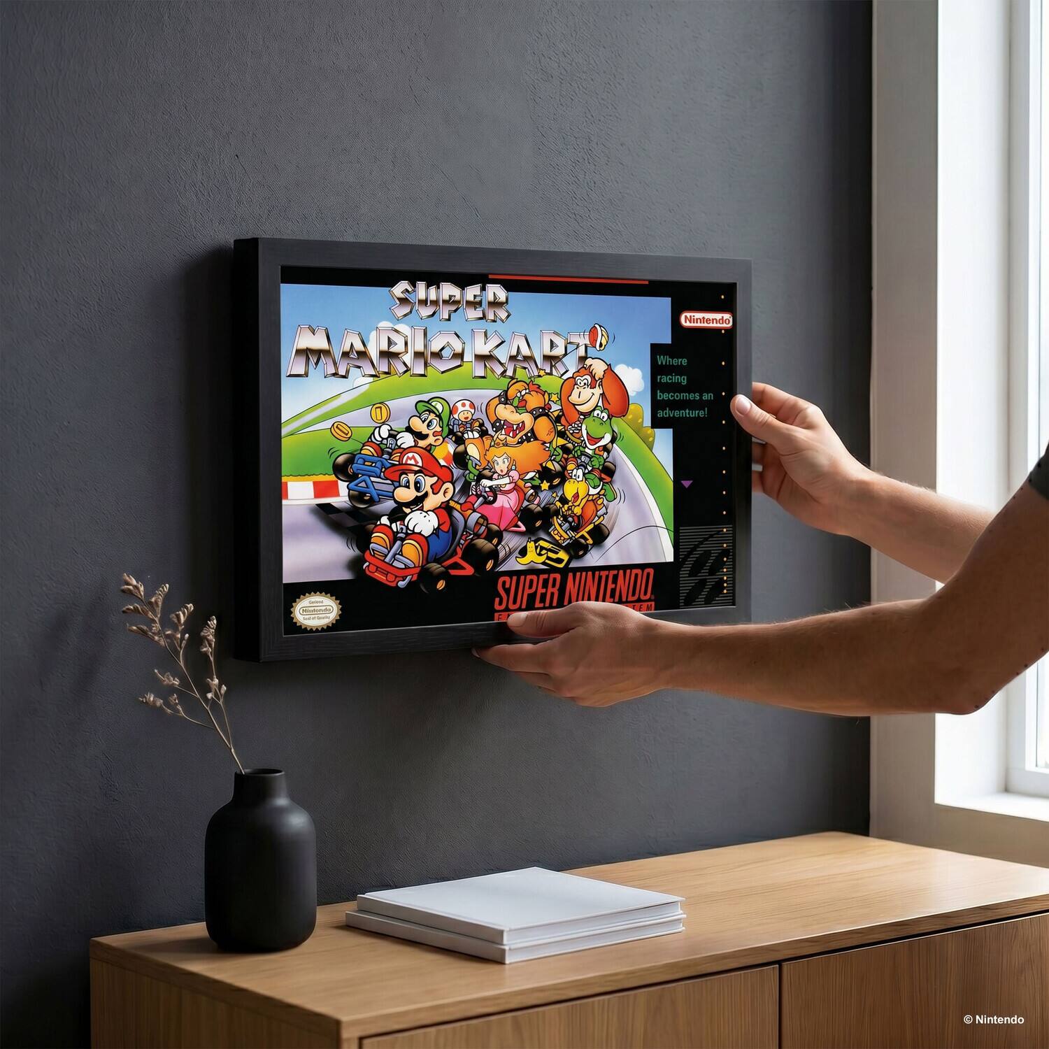 SUPER Nintendo MARIOKART  
Where racing becomes an adventure!  
SUPER NINTENDO  
Nintendo