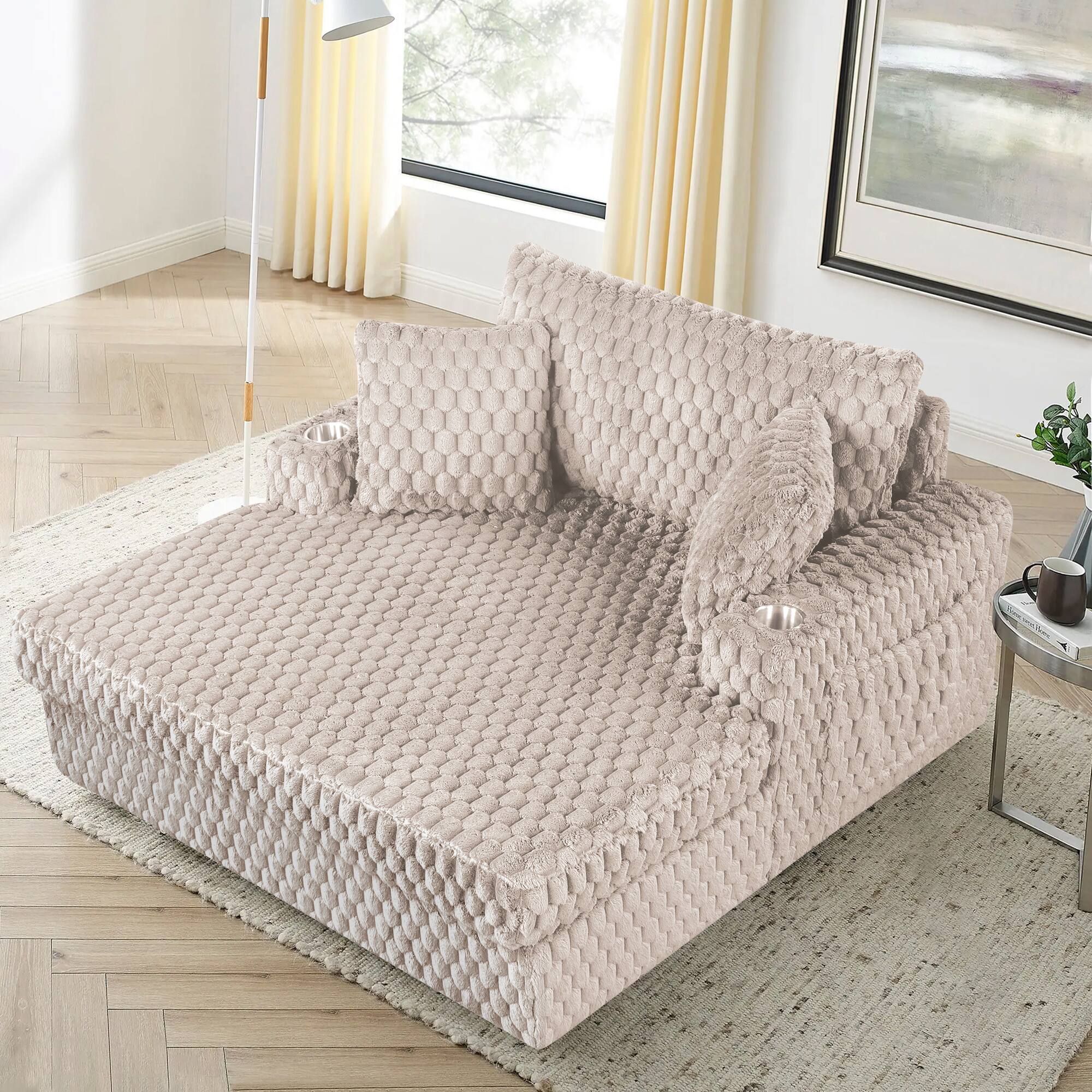 Angle. Vaczon - Oversized Chaise Lounge Chair with 2 Cup Holders and Magazine Pocket, Plush Textured Upholstery for Living Room Bedroom - Light Beige.