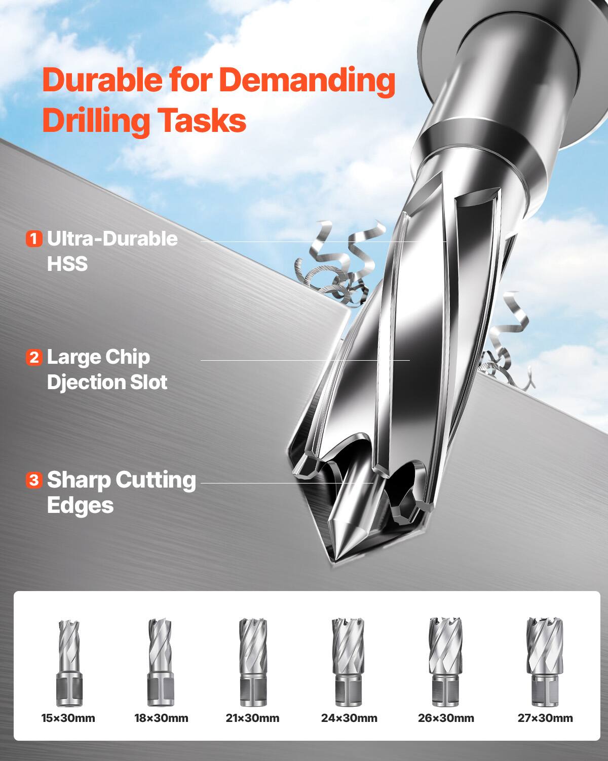 Durable for Demanding Drilling Tasks
1 Ultra-Durable HSS
2 Large Chip Djection Slot
3 Sharp Cutting Edges
15x30mm
18x30mm
21x30mm
24x30mm
26x30mm
27x30mm