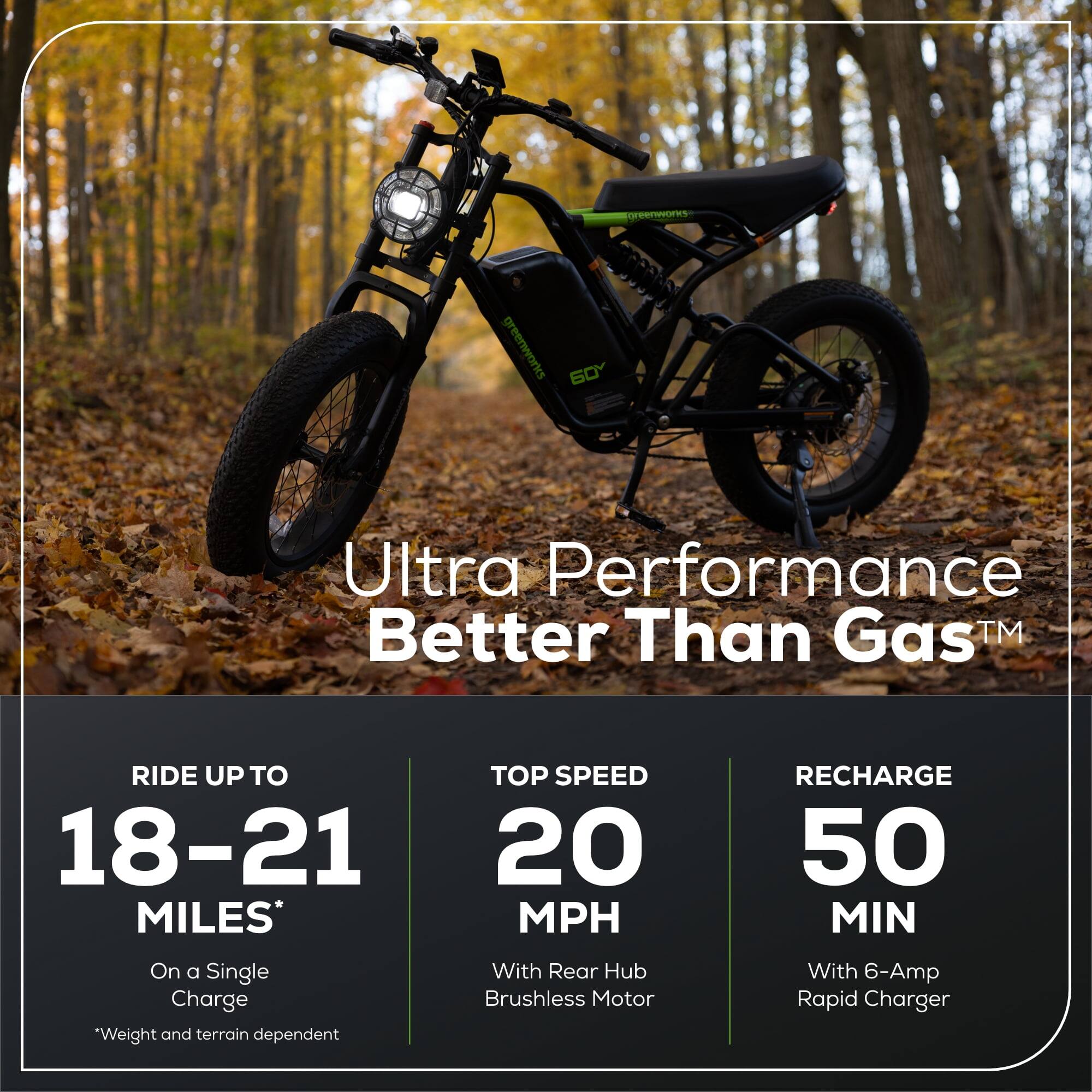 Alt View 6. Greenworks - Greenworks 60V Electric Dirty Bike for Adults, 20" Fat Tire with 750W Motor Max 20MPH, Green - Green.