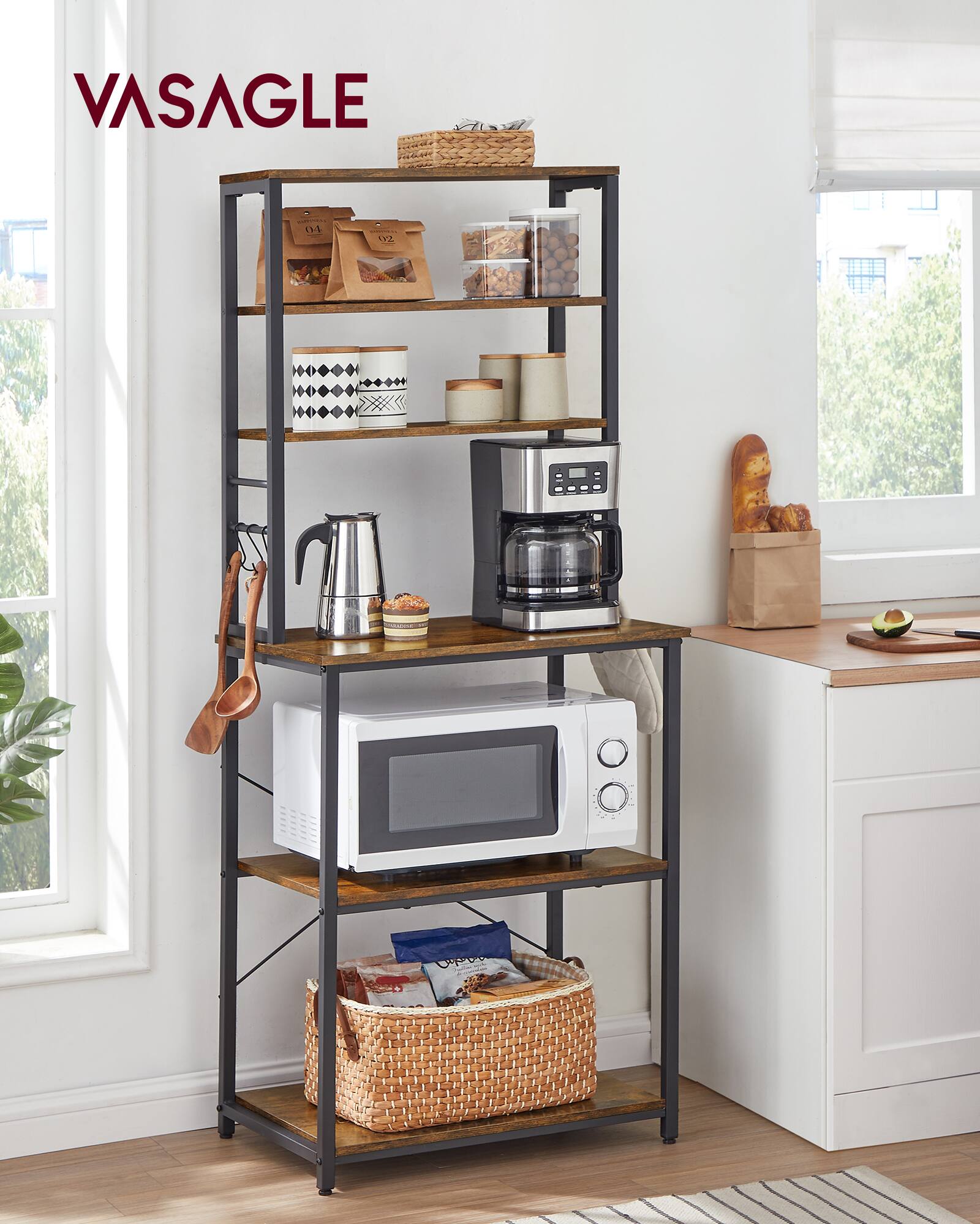 Angle. Songmics Home - Coffee Bar, Baker’s Rack for Kitchen with Storage, 6-Tier Kitchen Shelves with 6 Hooks, Microwave Stand, Industrial - Rustic Brown and Black.