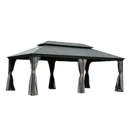 Mondawe - 14' X 20' Metal Gazebo with Double Roof and Curtains - Gray