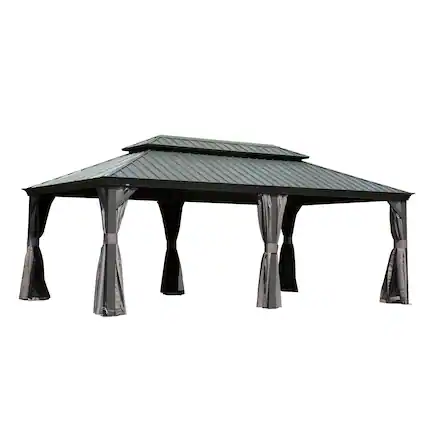 Front. Mondawe - 14' X 20' Metal Gazebo with Double Roof and Curtains - Grey.