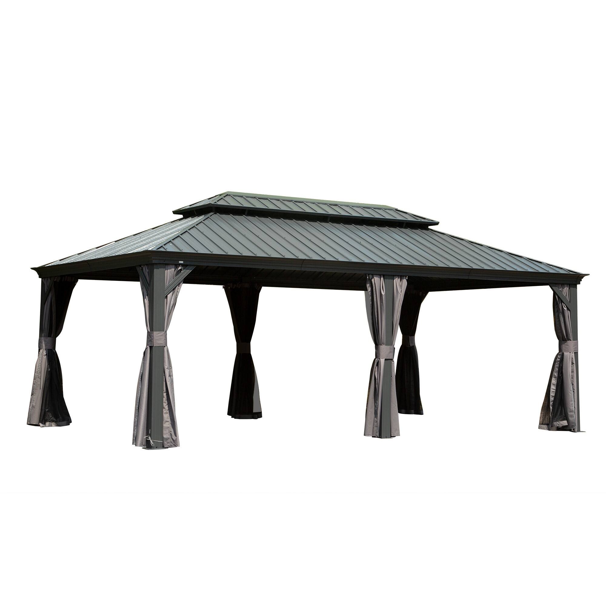 Front. Mondawe - 14' X 20' Metal Gazebo with Double Roof and Curtains - Grey.