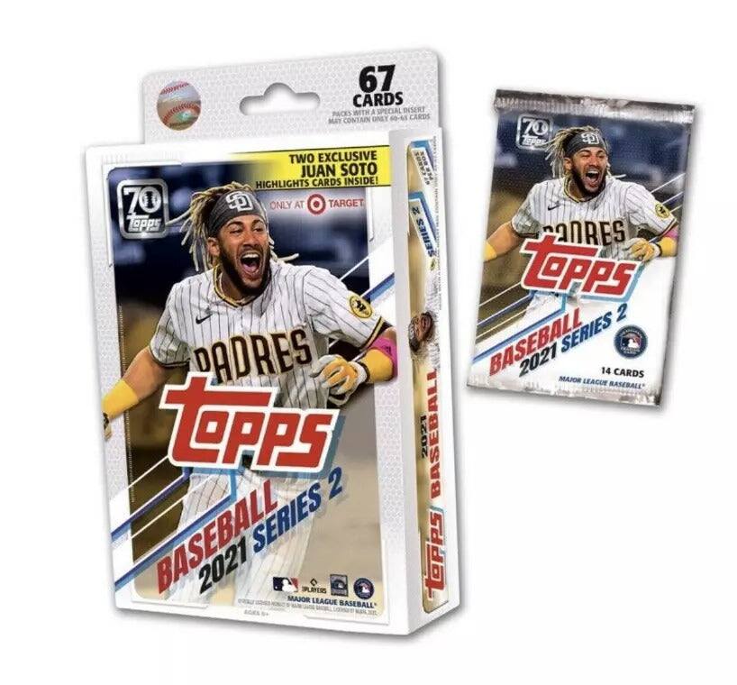67 CARDS WITH A SPECIAL INSERT. PACKS MAY CONTAIN ONLY 40-45 CARDS. 70 TIE @ TWO EXCLUSIVE JUAN SOTO HIGHLIGHT CARDS INSIDE! ONLY AT TARGET. TOPPS 2021 BASEBALL SERIES 2. 14 BASEBALL CARDS.