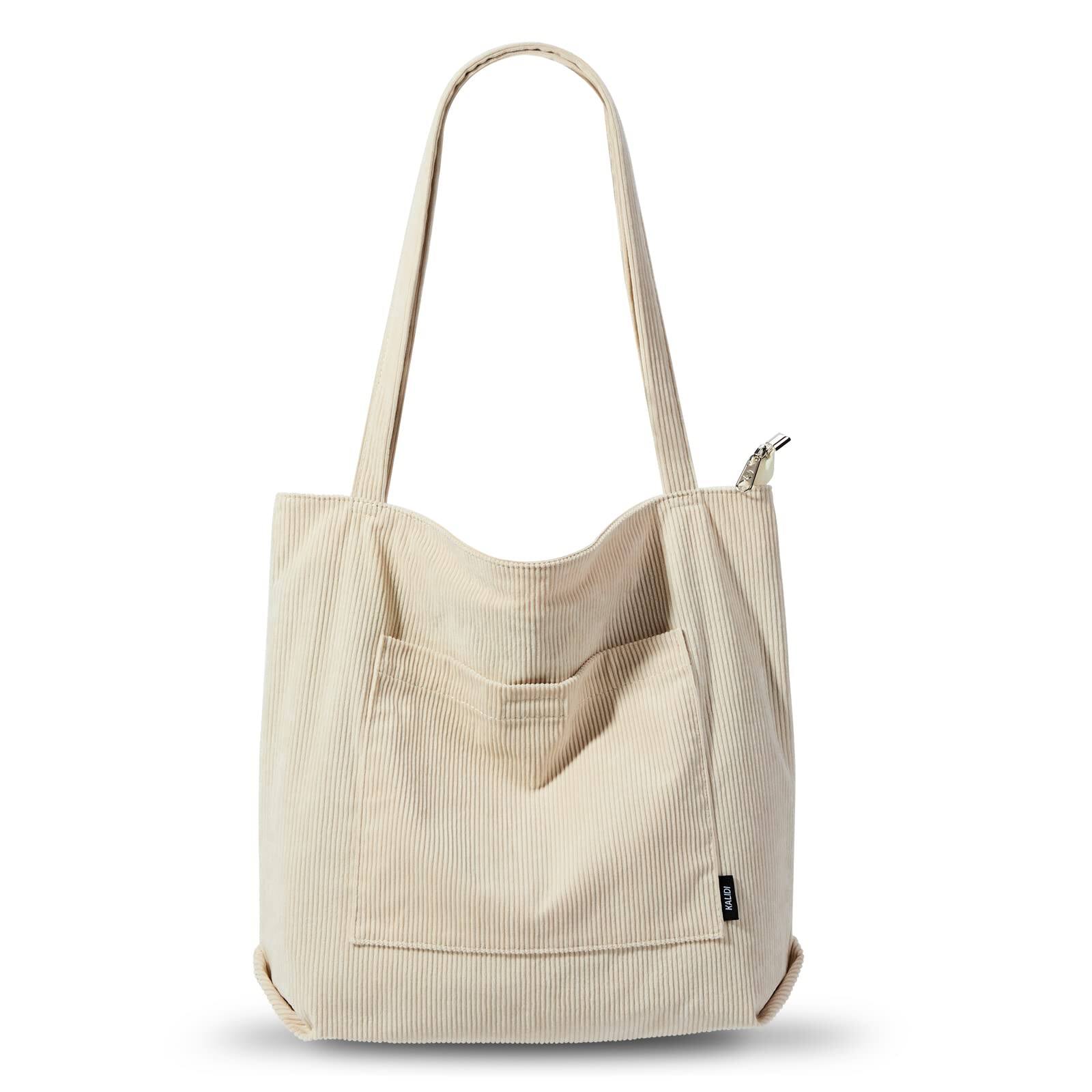 Front. Vulpecula Spade - Women Corduroy Tote Bag Large Shoulder Tote Bag with Zipper Pocket Casual Hobo Handbag Big Capacity Shopping Work Bag - Cream White.