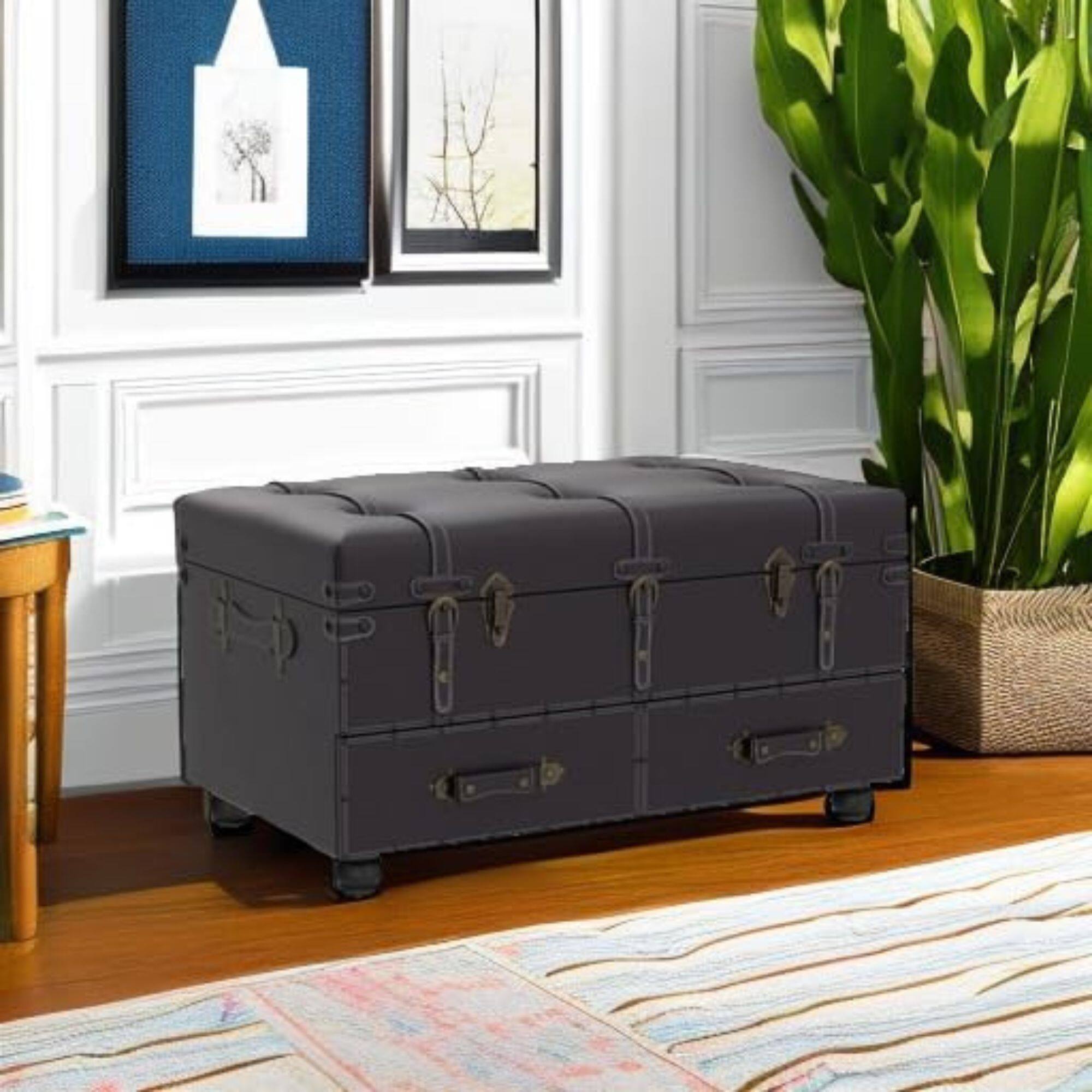 Alt View 7. COZAYH - COZAYH Vintage Storage Bench, Upholstered Wooden Ottoman Bed Chest Box, Black - Matte Black.
