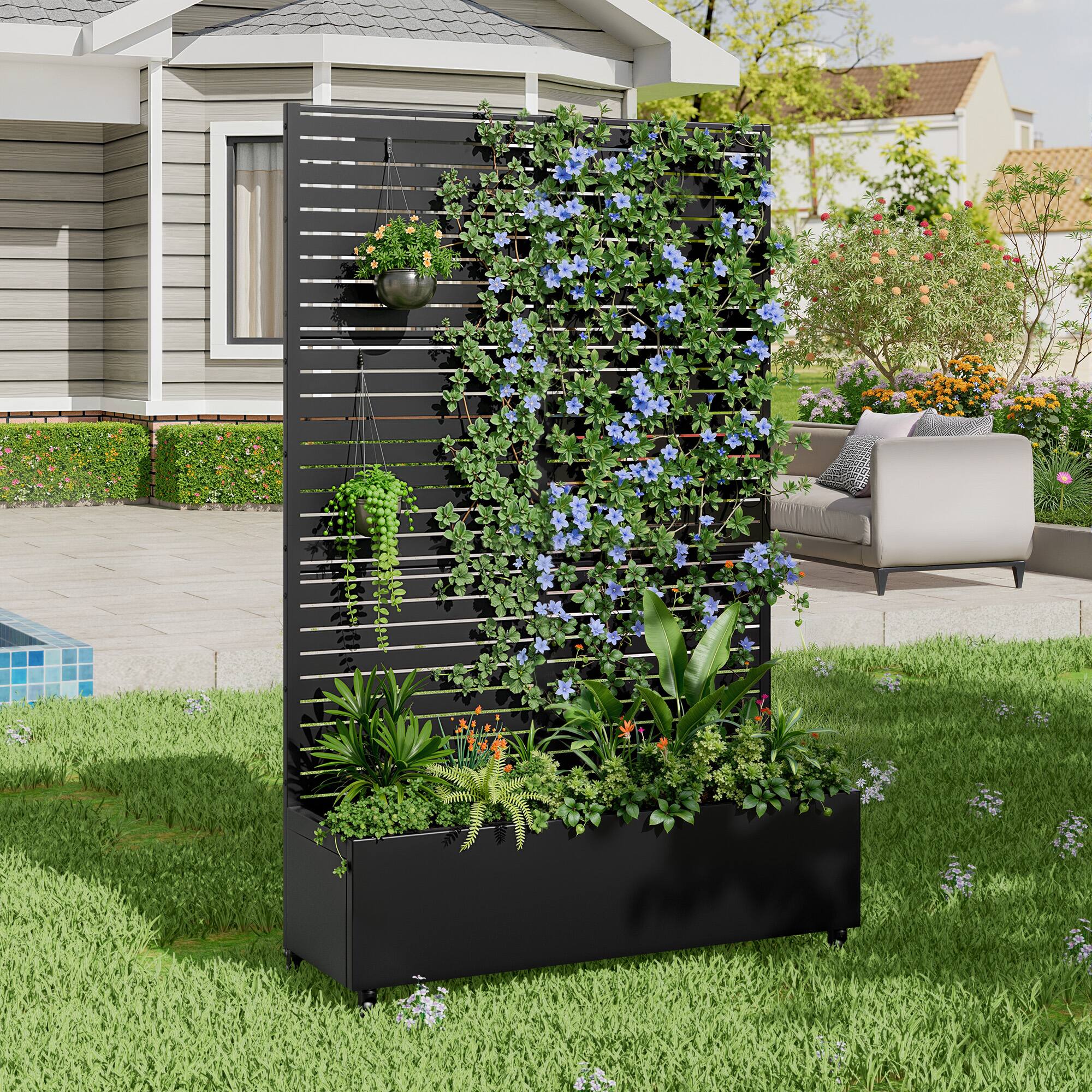 Alt View 2. PexFix - 72 in. H x 47 in. W Louvered Pattern Rectangle Metal Planter Box Raised Garden Beds with Trellis-Ideal for Balcony - Black.
