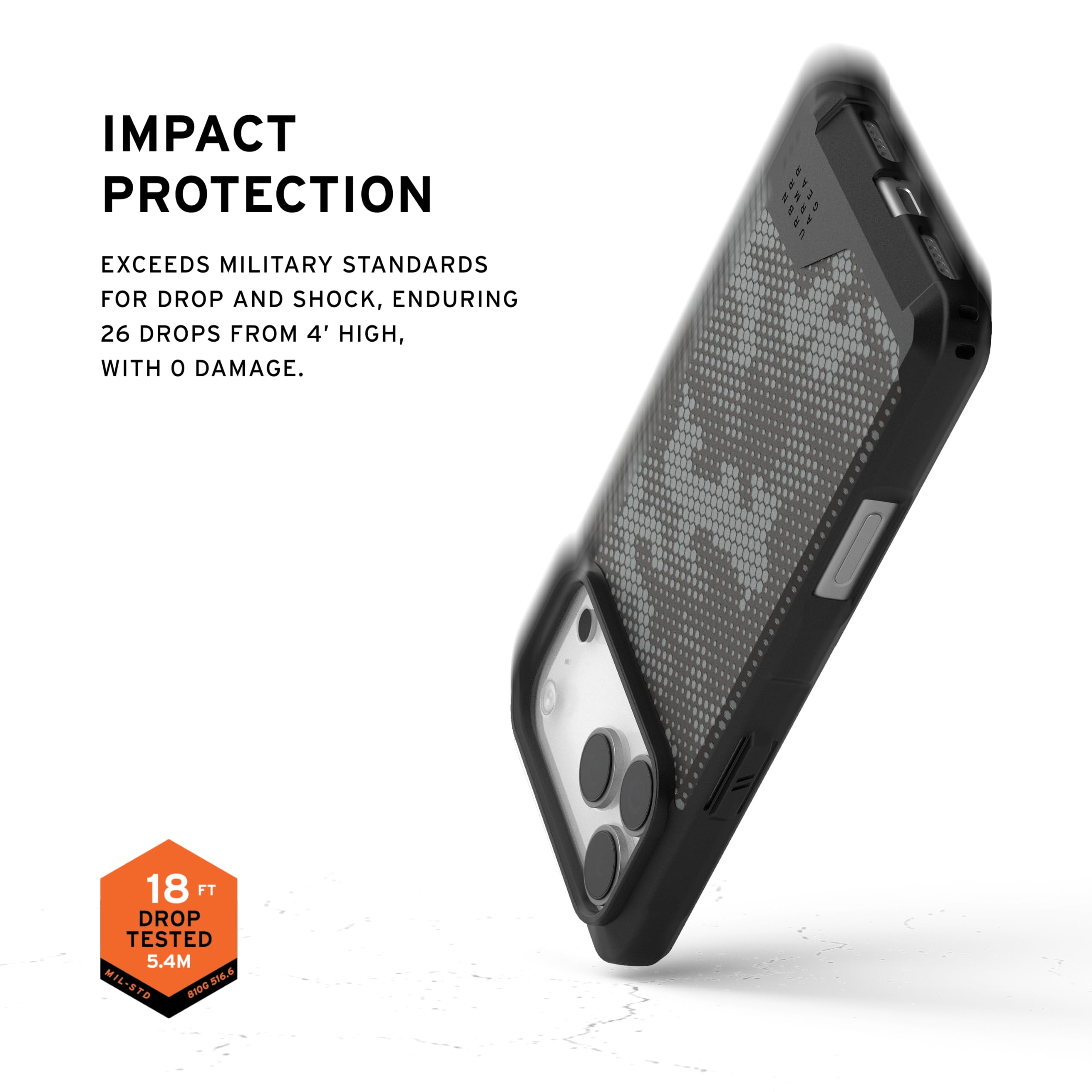 IMPACT PROTECTION

EXCEEDS MILITARY STANDARDS FOR DROP AND SHOCK, ENDURING 26 DROPS FROM 4' HIGH, WITH 0 DAMAGE.

18 FT DROP TESTED 5.4M MIL-STD 810G