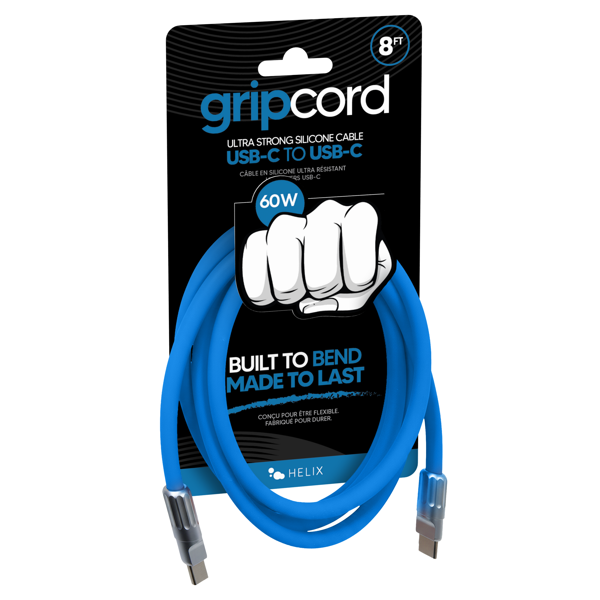 8F gripcord ULTRA STRONG SILICONE CABLE USB-C TO USB-C ULTRA RESISTANT USB-C 60W BUILT TO BEND MADE TO LAST CONCU POUR ÊTRE FLEXIBLE FABRIQUÉ POUR DURER HELIX
